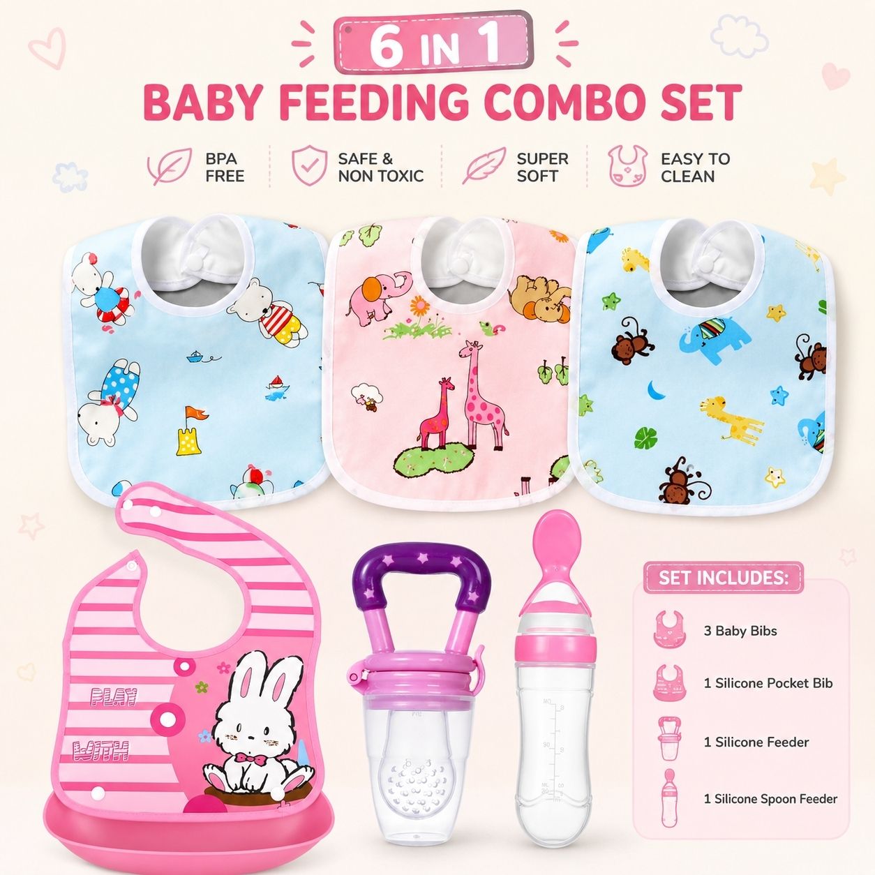 saforiaa 6 in 1 Baby Feeding Combo Set - Bibs + Feeder + Spoon - Soft Cotton + Polyester Blend-picture-36