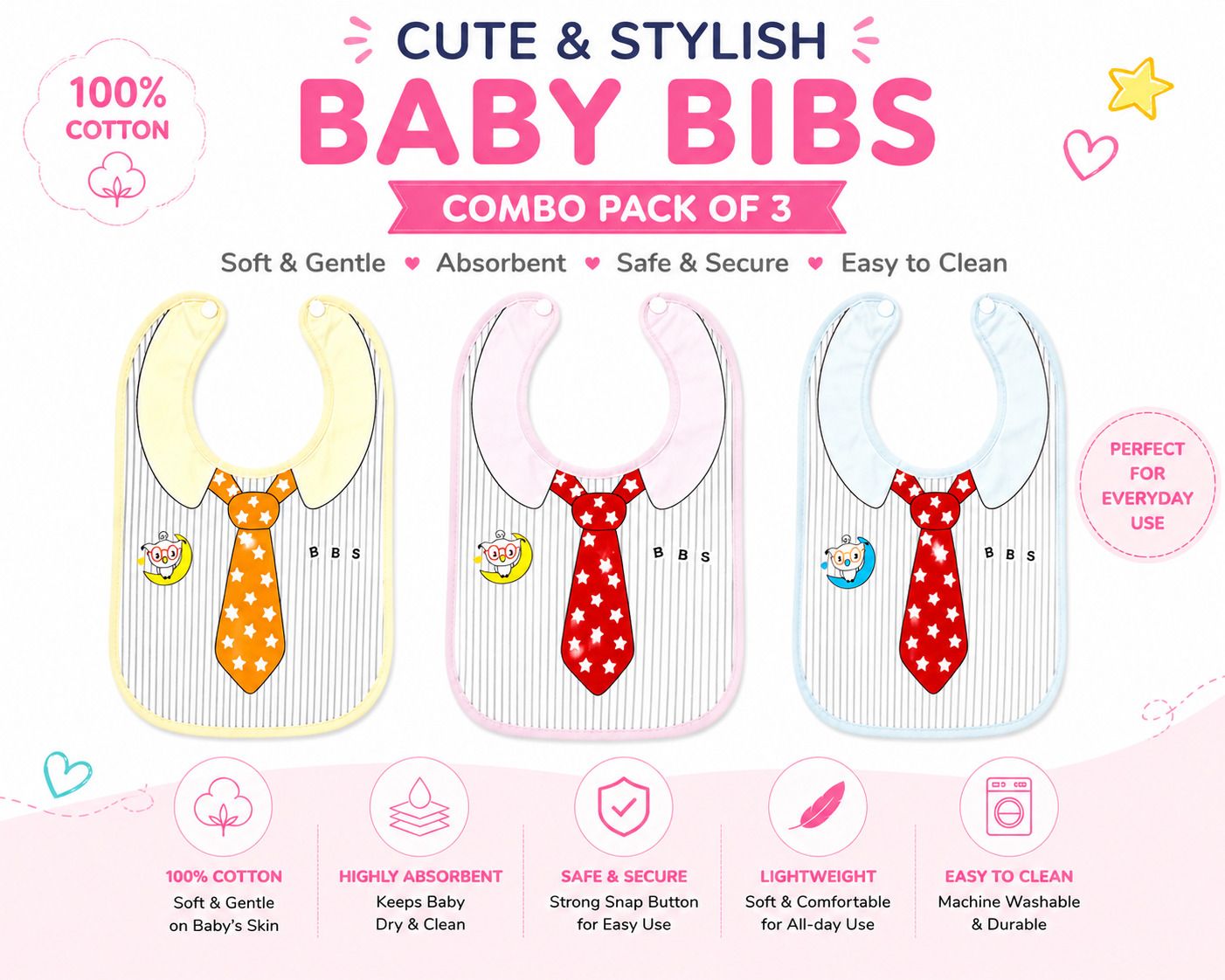 shoppizone Baby Cotton Bibs Combo Pack of 3 Soft Absorbent Feeding Bibs for Kids-picture-21