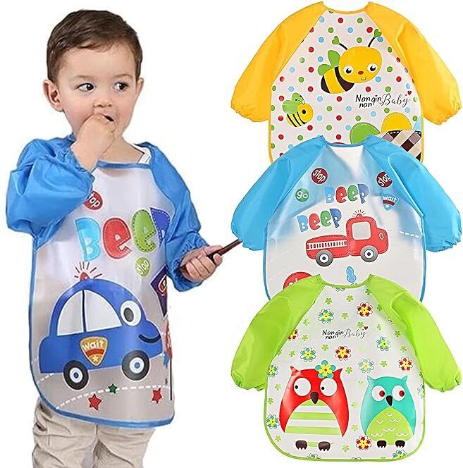 3PC Full Sleeves Washable Waterproof Bib Apron for Babies & Kids