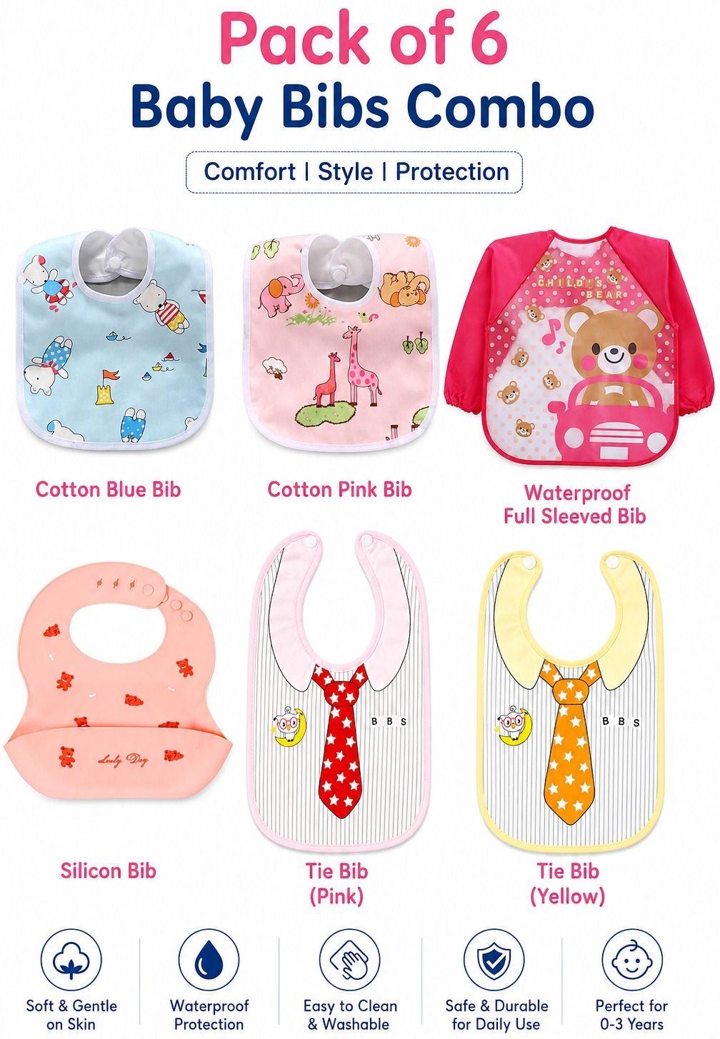 child chic Pack of 6 Baby Feeding Bibs Set | Cotton, Silicone & Waterproof-picture-23