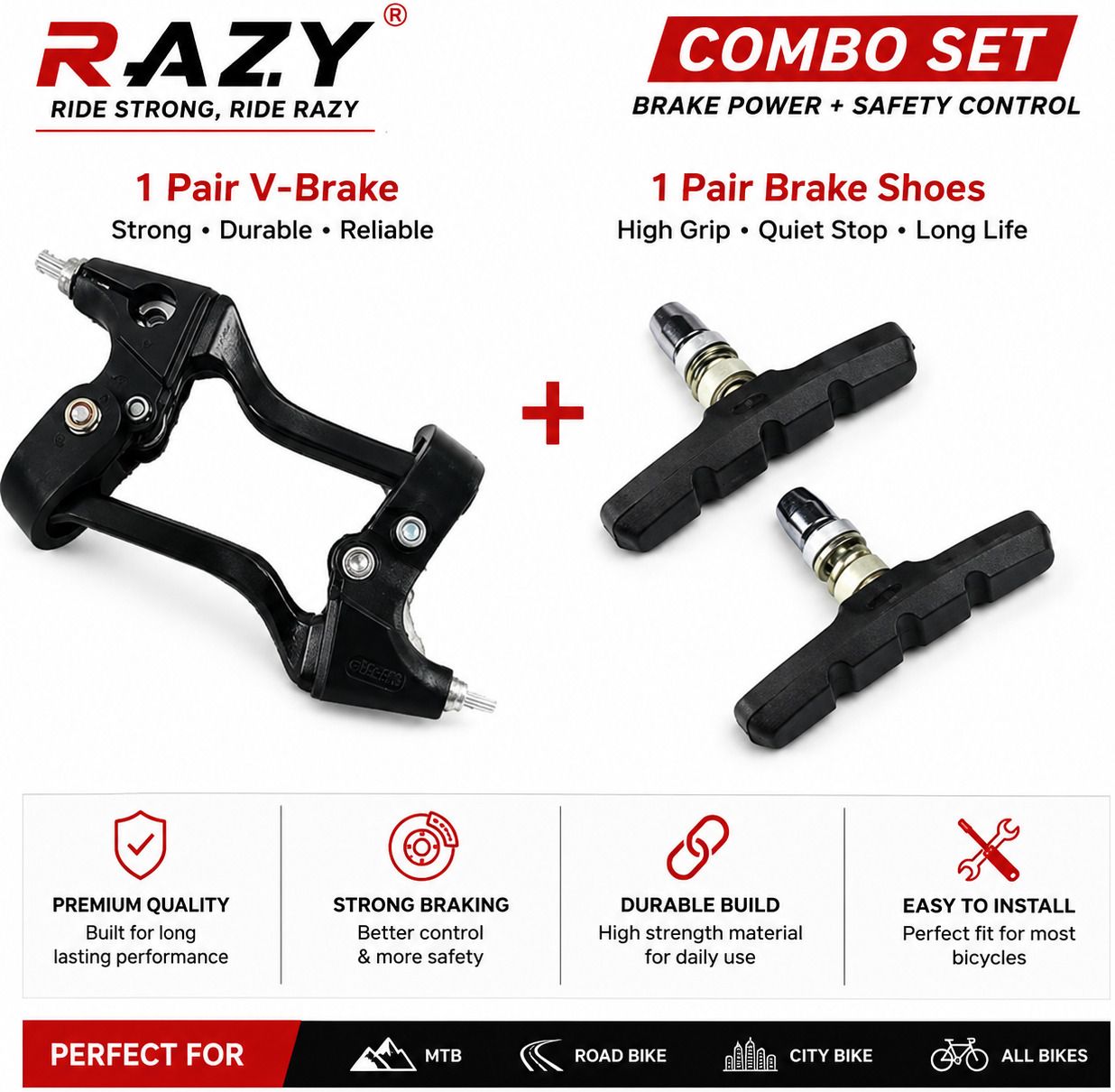 razy Bicycle V-Brake Lever + Brake Shoe Combo Kit Bicycle Brake Disk-picture-17