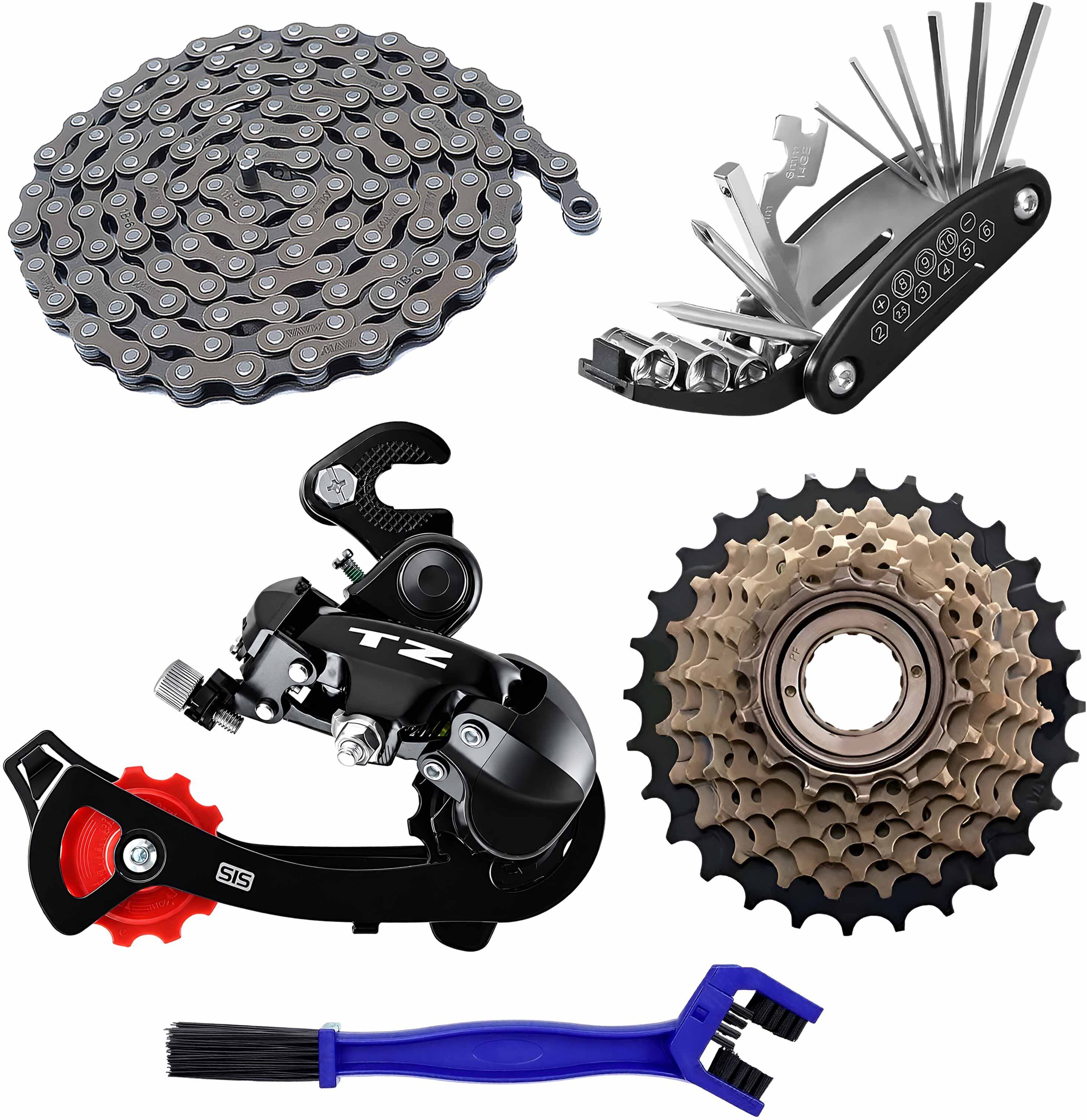 razaiq Rear Derailleur Kit with 116 Link Chain 7 Speed Freewheel Tool Brush Set Bicycle Brake Disk-picture-16