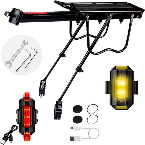 Rear Bike Carrier Rack with USB Rechargeable Waterproof LED Light Aluminium Bicycle Carrier-image-8