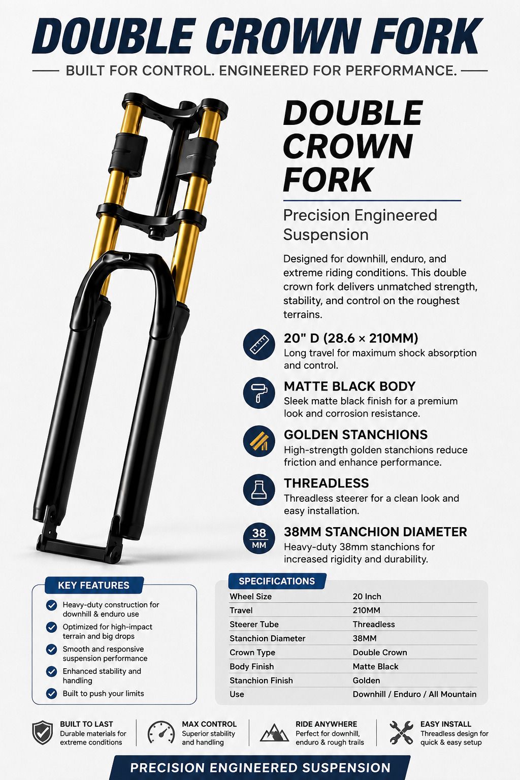 20 Inch MTB Double Crown Fork 38mm Threadless Suspension Steel Mountain Bike Bicycle Fork-image-23
