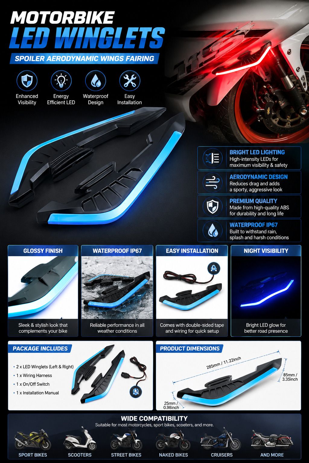 Universal Spoiler Wings with Adhesive Tape, Wind Deflector Fairing Winglet SG2 Universal Spoiler Wings with Adhesive Tape, Wind Deflector Fairing Winglet SG2 Satellite Vehicle Antenna-image-29