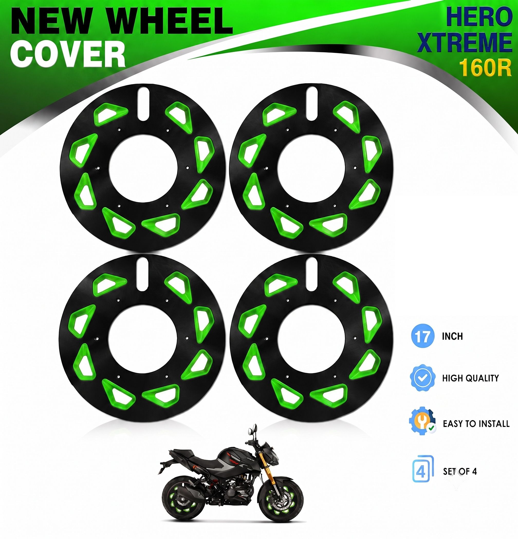 cross hooks 17 Inch Bike Wheel Cover for Honda. Hornet 2.0 green Black Pack of 4 Bike Fairing Kit-picture-18