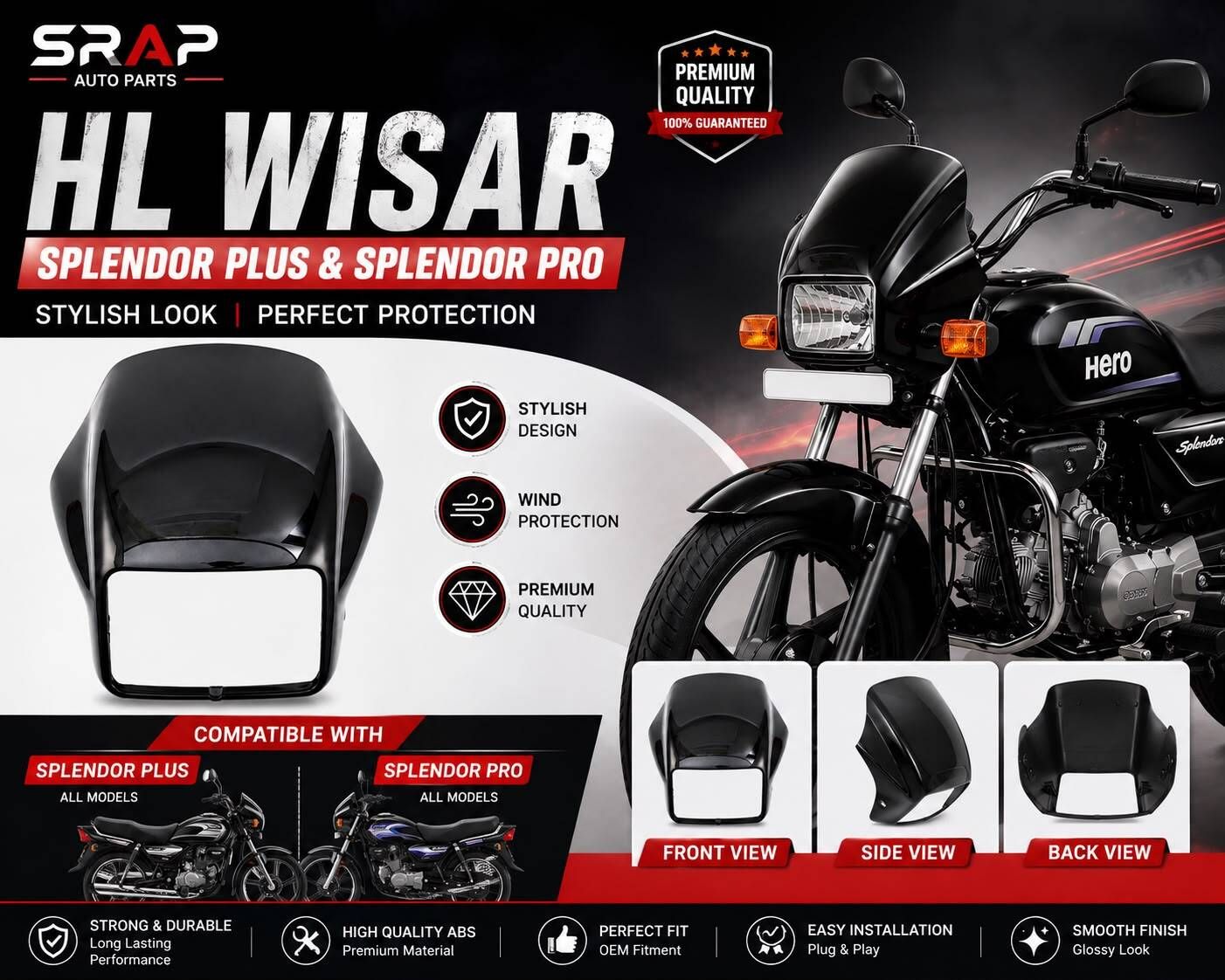 Front Visor / Cowl Without Stripes for Hero Splendor Plus & Splendor Pro Bike Fairing Kit-image-36