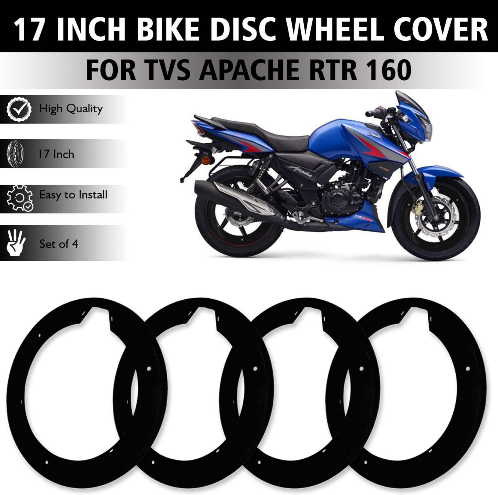 17 inch ABS Plastic New Embossed Pattern Wheel Cover 4pc For TVS_APACHE_RTR160 Bike Fairing Kit