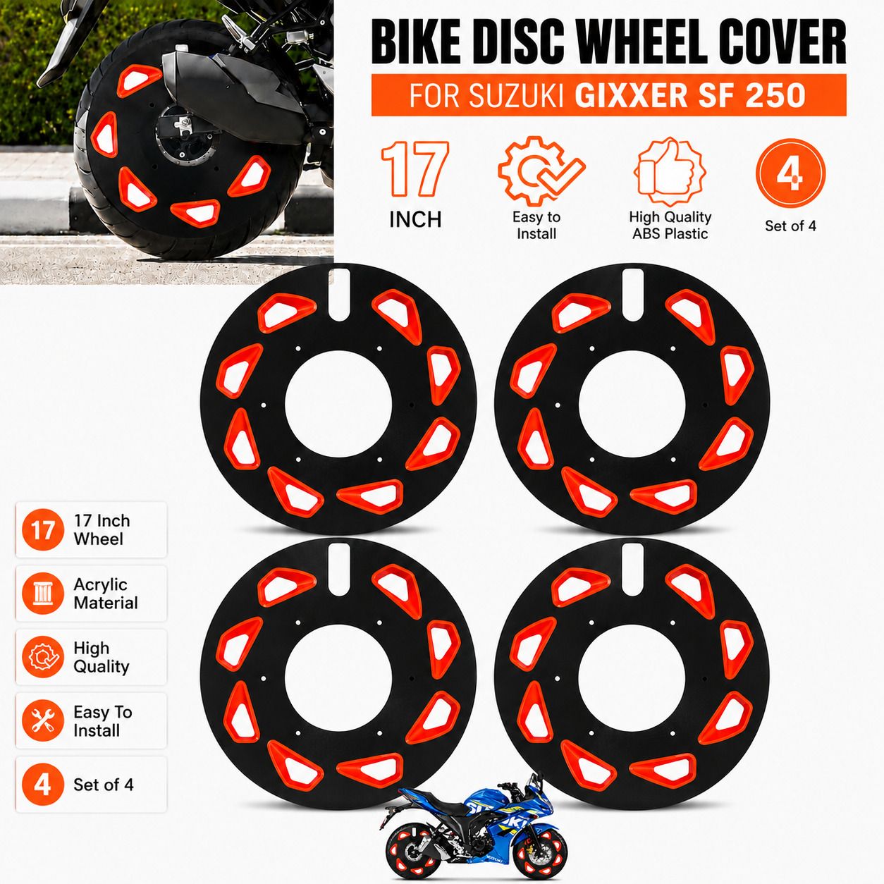 cross hooks 17 Inch Bike Wheel Cover for Suzuki. Gixxer. 150 Red Black Pack of 4 Bike Fairing Kit-picture-15