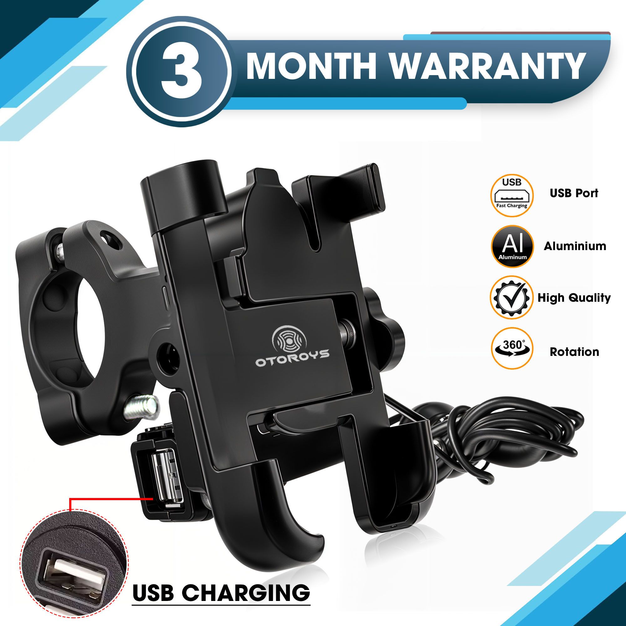 Universal Bike Mount Holder Metal Body 360 Degree Rotating Handlebar Metal Body Cradle Stand for Bicycle, Motorcycle, Scooty Fits All Smartphones (CNC Metal Holder with USB Charger) Bike Mobile Holder