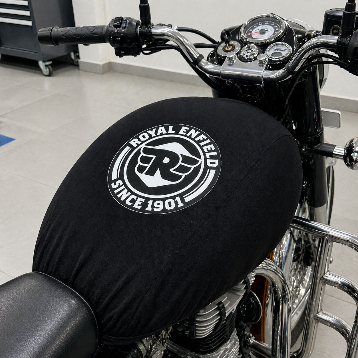 Royal Enfield Tank Cover Black with White Logo Strap Royal Enfield Universal For Bike Bike Tank Cover-image-3