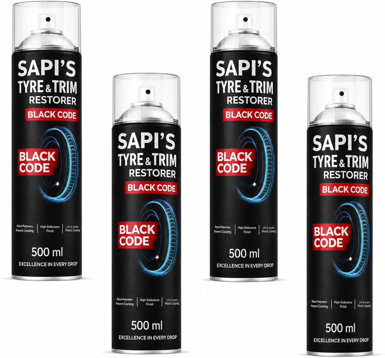 Tyre & Trim Restorer Black Code Spray – 500ml pack of 4 Front Alloy Plastic Hero NA Motorbike Tyre Rim-image-43