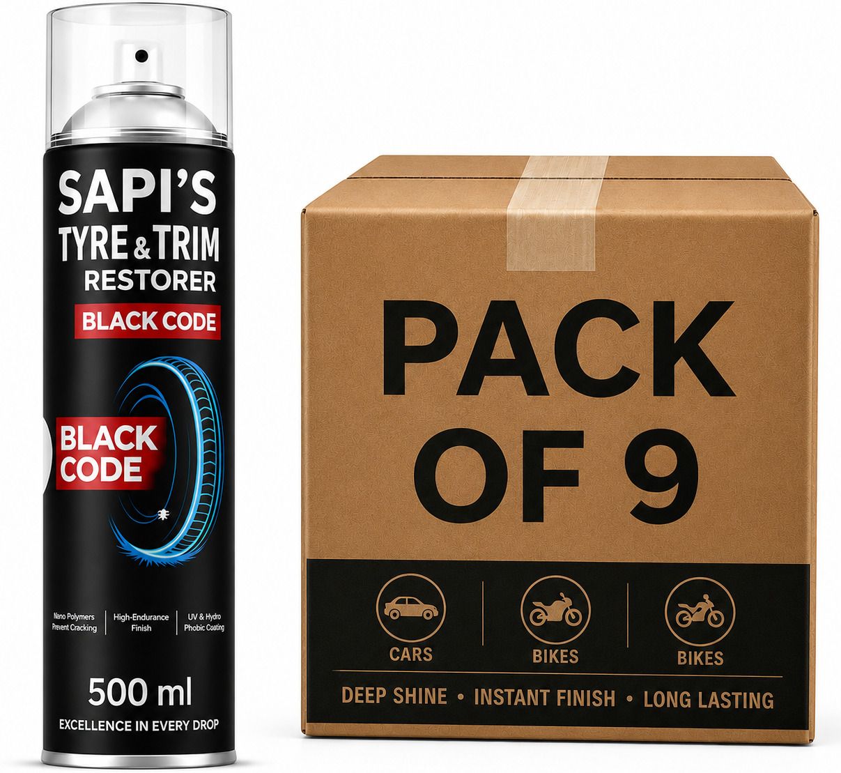 Tyre & Trim Restorer Black Code Spray – 500ml pack of 9 Front Alloy Plastic Hero NA Motorbike Tyre Rim-image-44