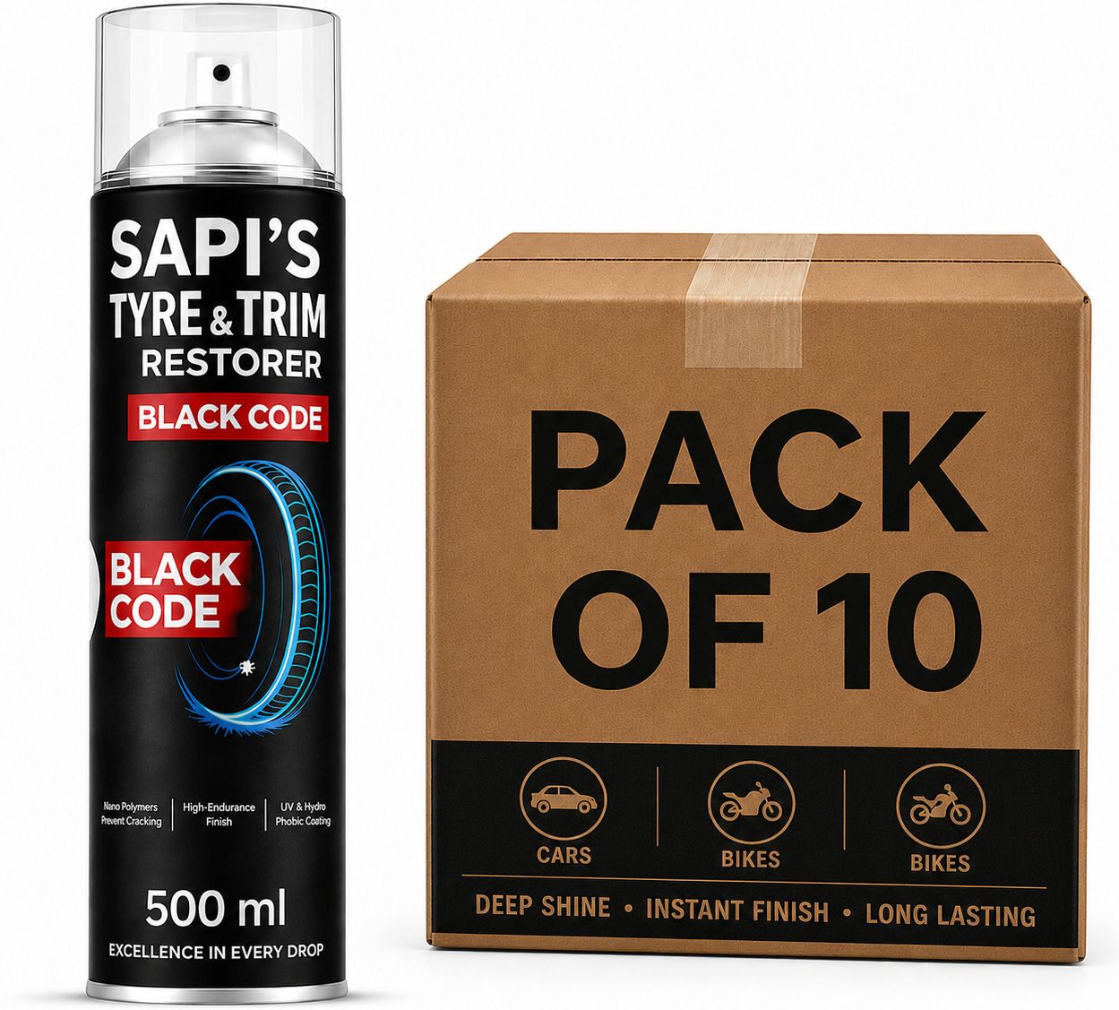 Tyre & Trim Restorer Black Code Spray – 500ml pack of 10 Front Alloy Plastic Hero NA Motorbike Tyre Rim-image-46