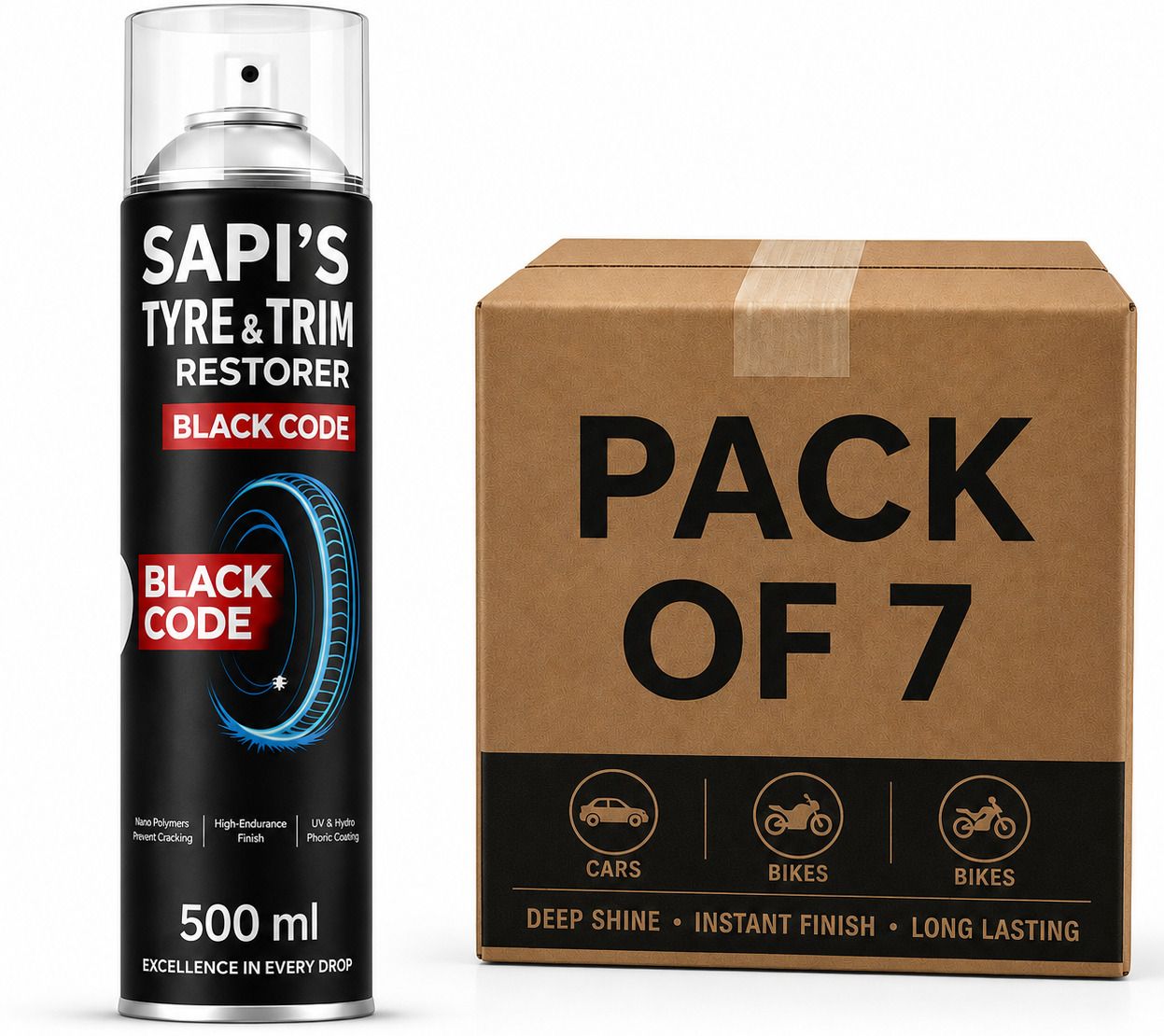 Tyre & Trim Restorer Black Code Spray – 500ml pack of 7 Front Alloy Plastic Hero NA Motorbike Tyre Rim-image-45