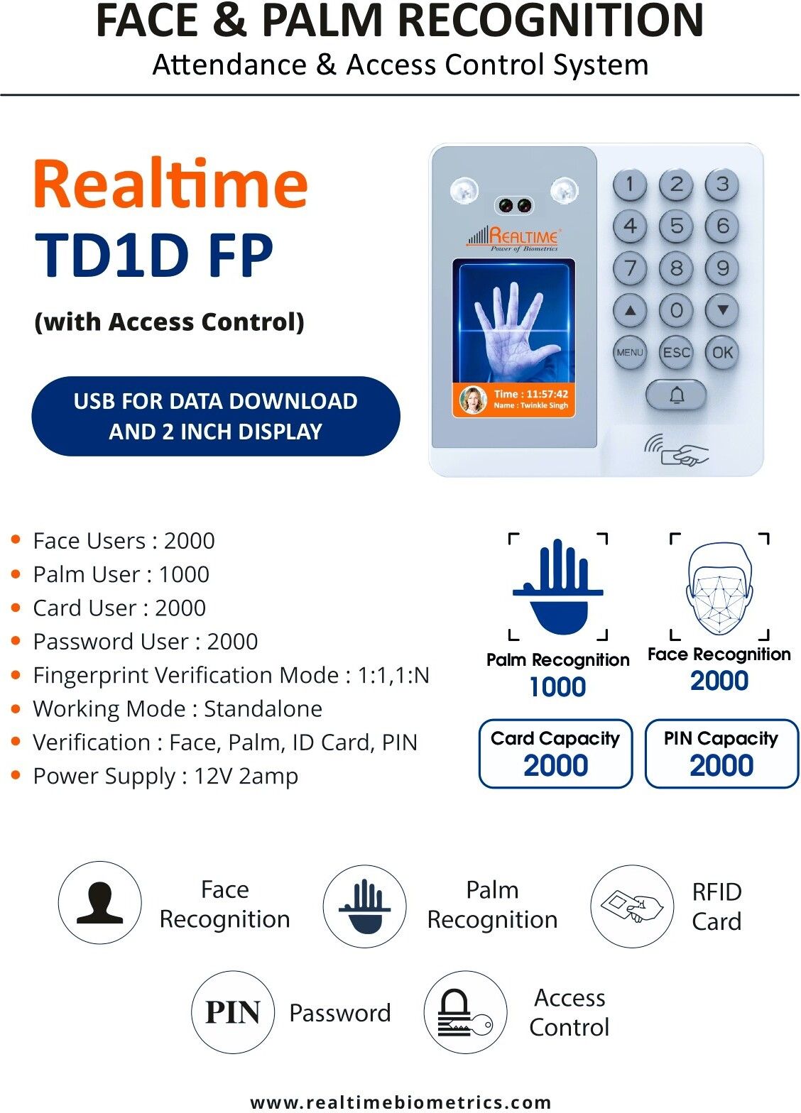 realtime TD1D (FP) Face Palm Biometric Attendance with RFID Card Access Control-picture-13