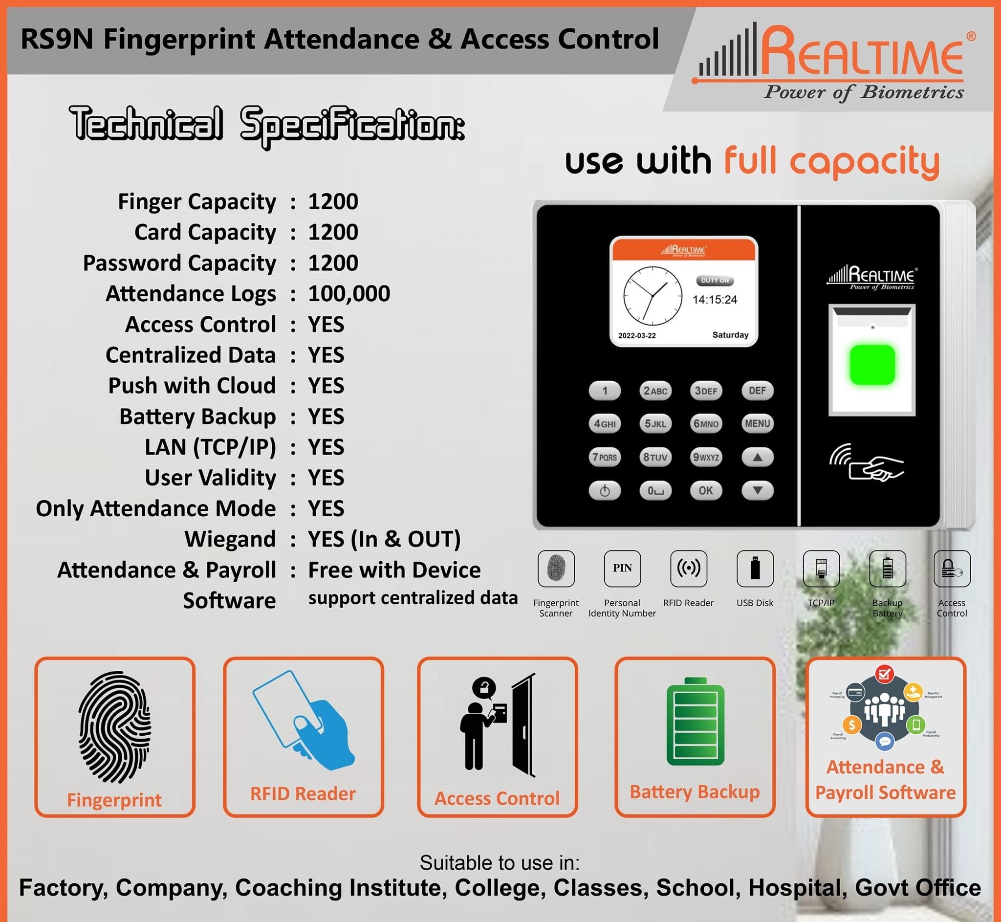 realtime RS 9N Biometric with Access Control & 250 Free Cloud User For 1 Year (No Wifi) Time & Attendance-picture-11