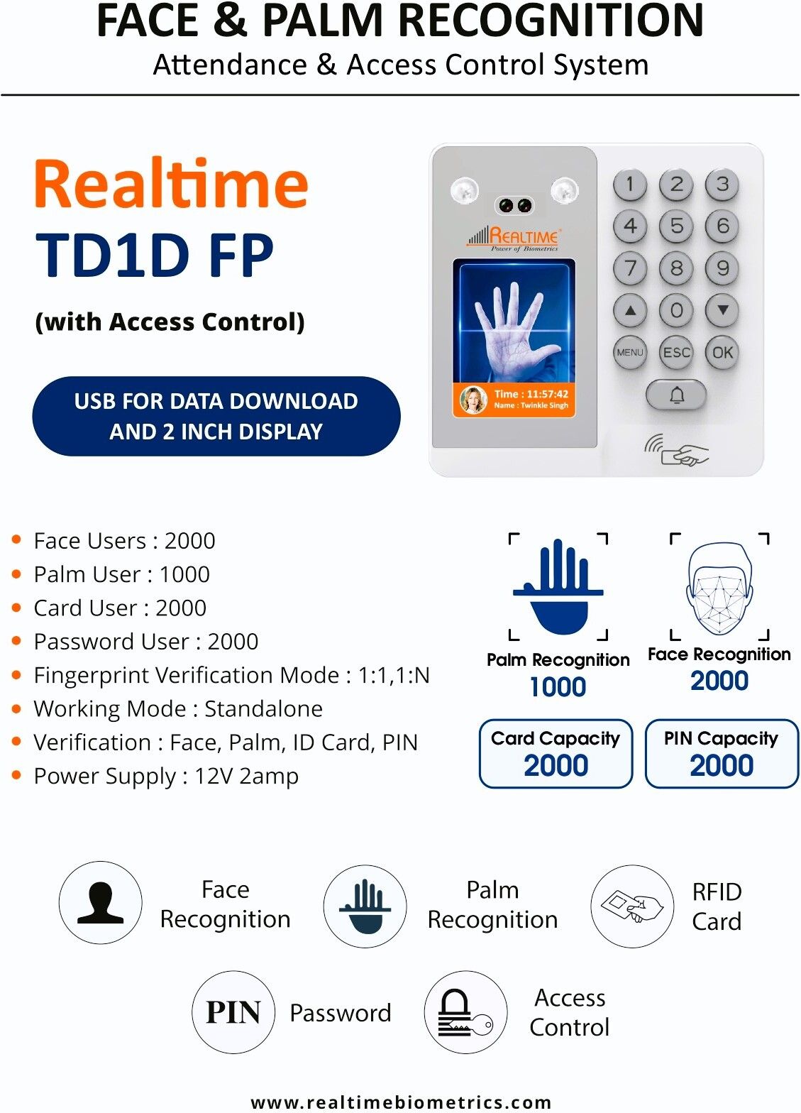realtime TD1D (FP) Face Palm RFID Card Attendance Device Access Control-picture-18