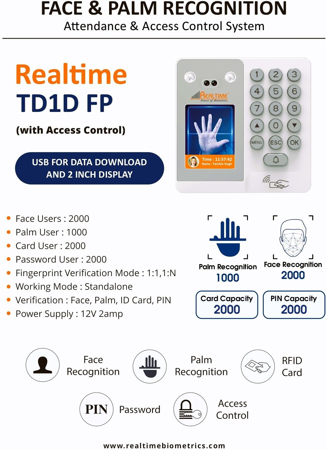realtime TD1D (FP) Keypad Face Palm Attendance Machine Access Control-picture-28