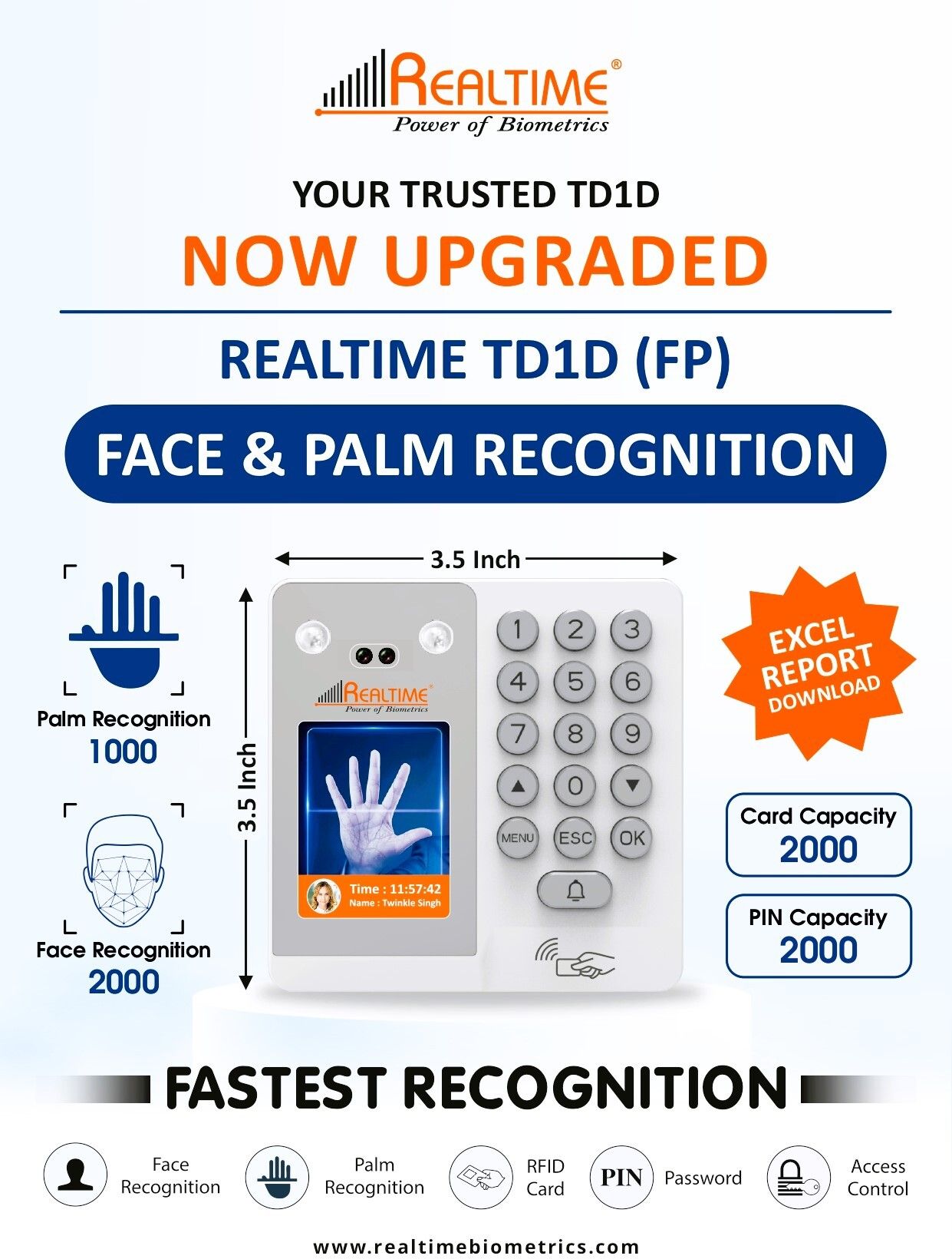 realtime TD1D (FP) Face Palm Scanner Attendance System 2000 Users Access Control-picture-17