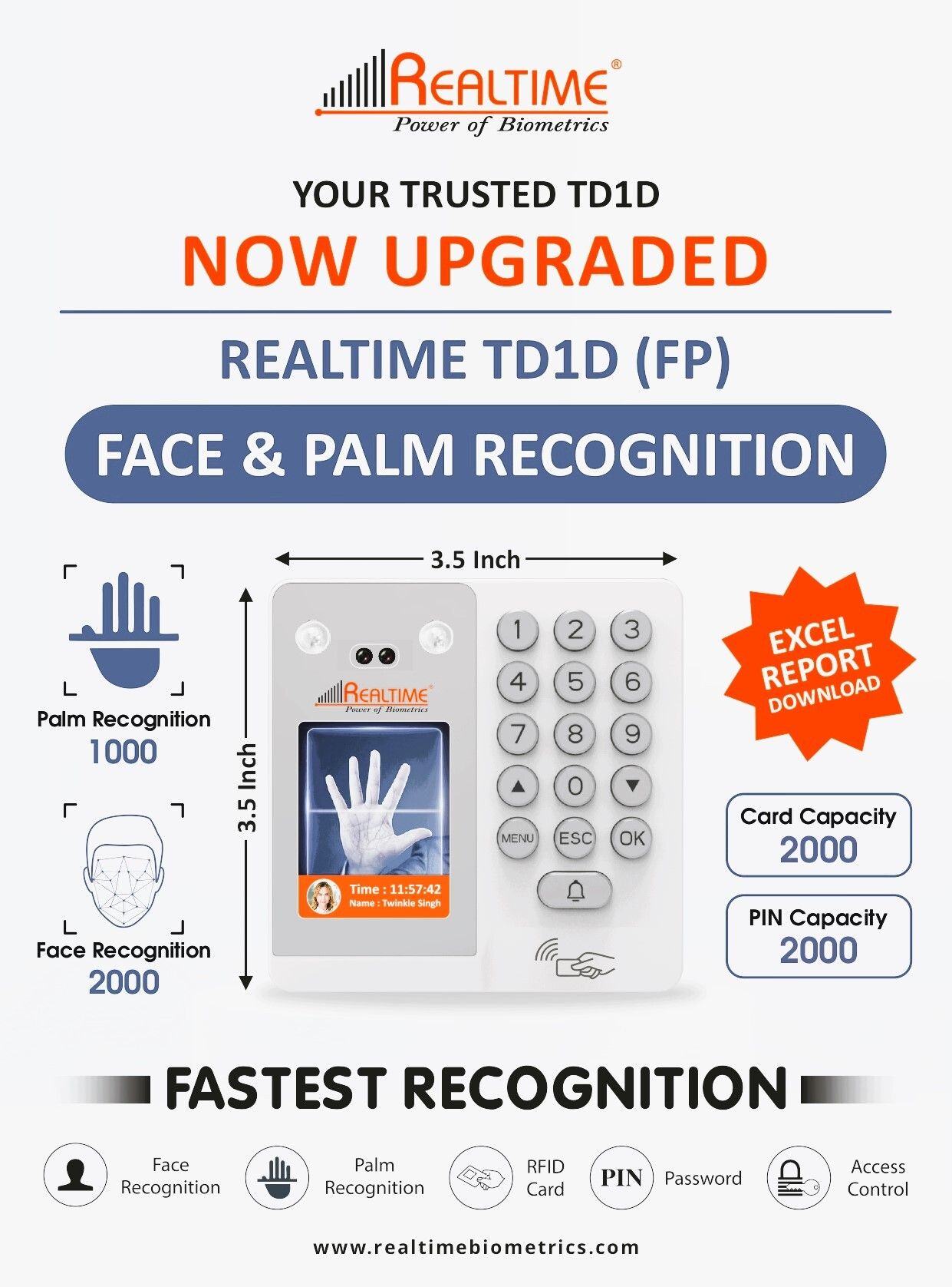 realtime TD1D (FP) Multi Biometric Face Palm RFID PIN Attendance Access Control-picture-33