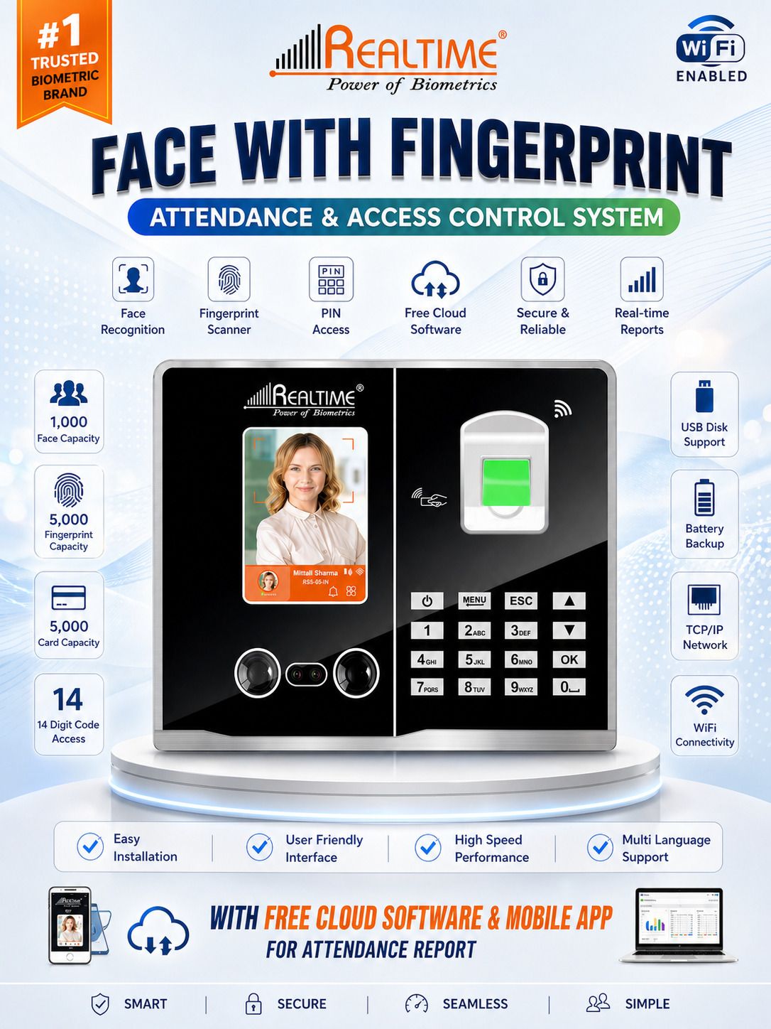 T501 Mini Smart Biometric Attendance Machine with WiFi Time & Attendance, Access Control-image-40