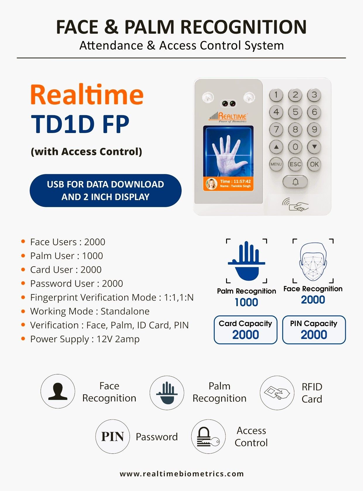 realtime TD1D (FP) Face Palm Biometric System with PIN Password Access Control-picture-12