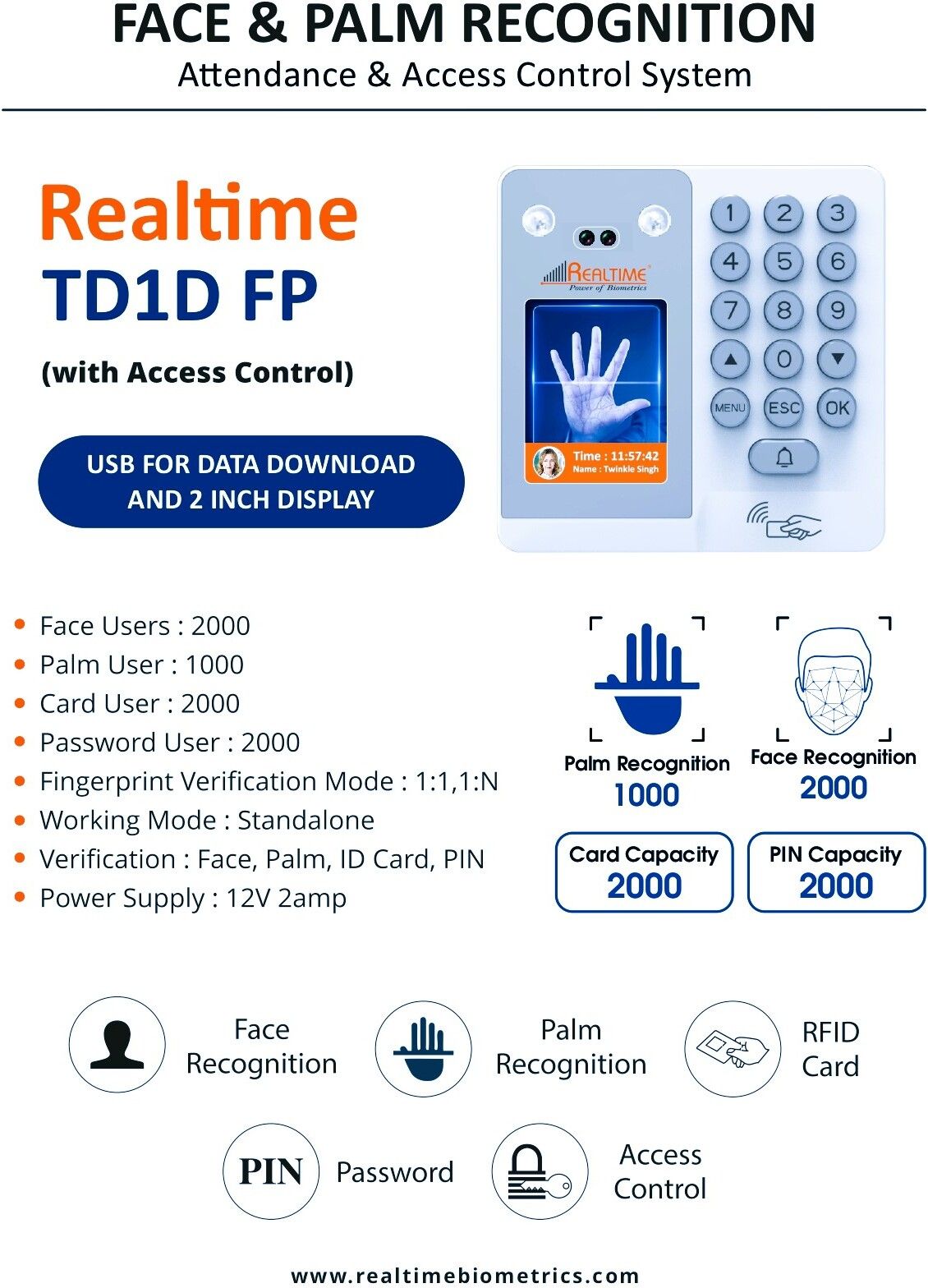 realtime TD1D (FP) Face Palm Attendance Machine Standalone Mode Access Control-picture-19