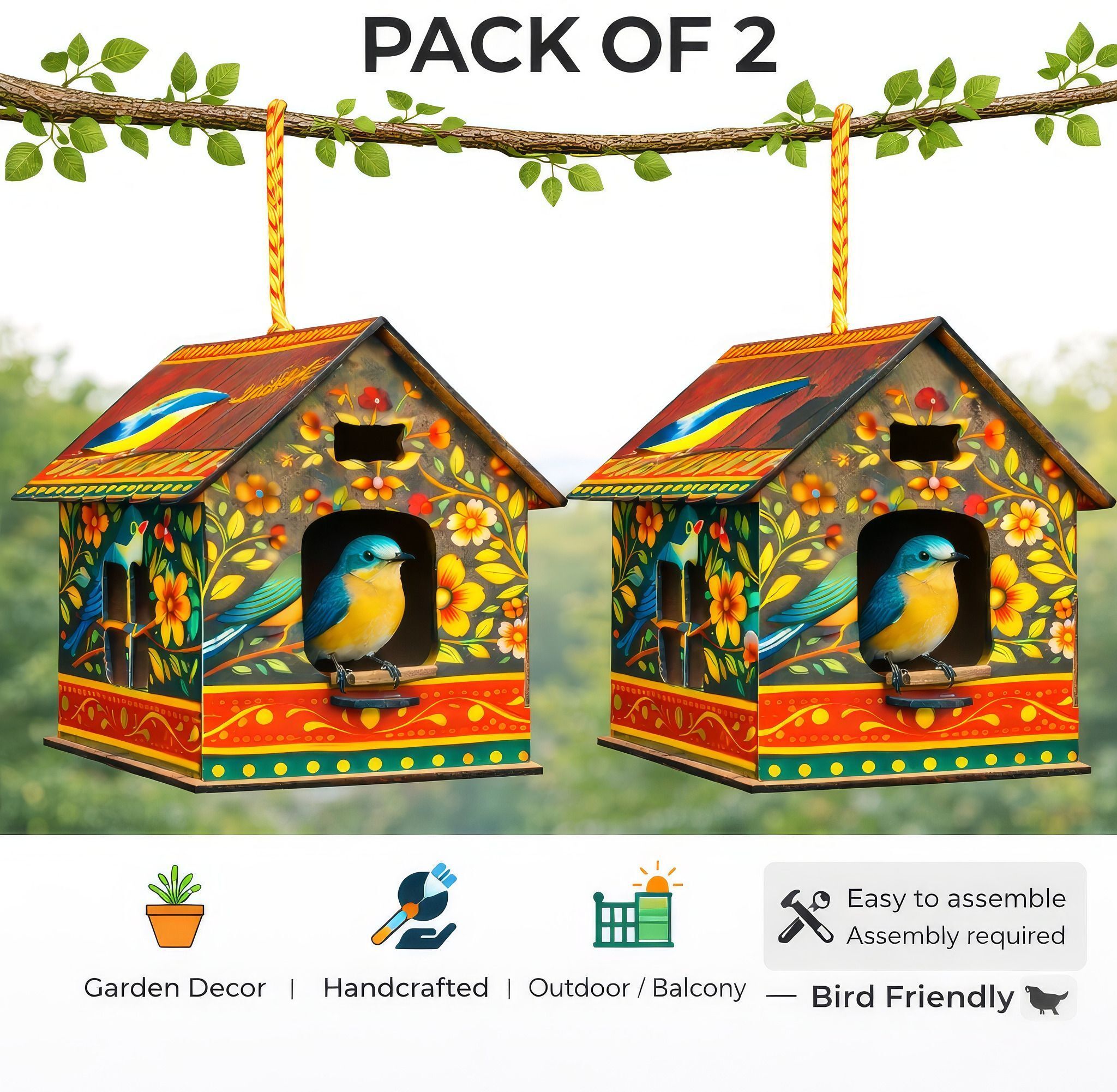 karni craft Hand Painted Wooden Bird House Pack of 2 for Garden & Balcony Bird House-picture-48