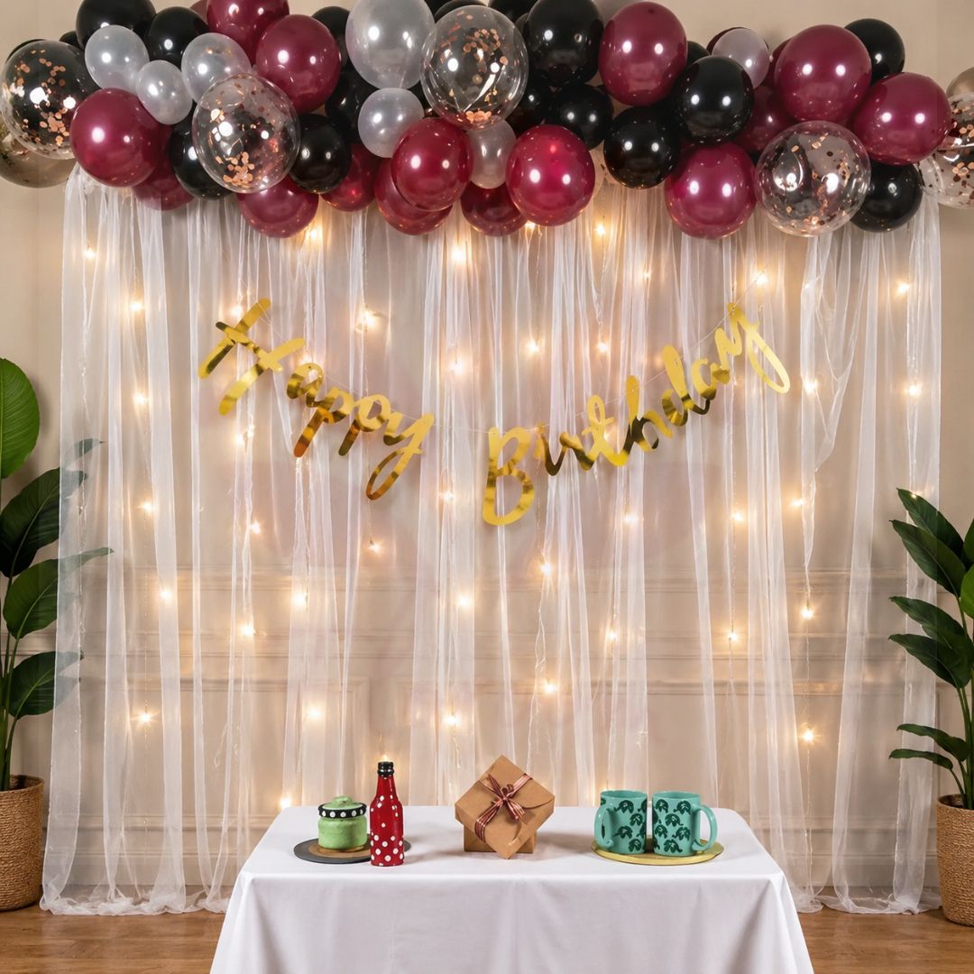 floroom Black White Burgundy Birthday Decoration Set 36 Pcs Birthday Banner Net Curtains-picture-37