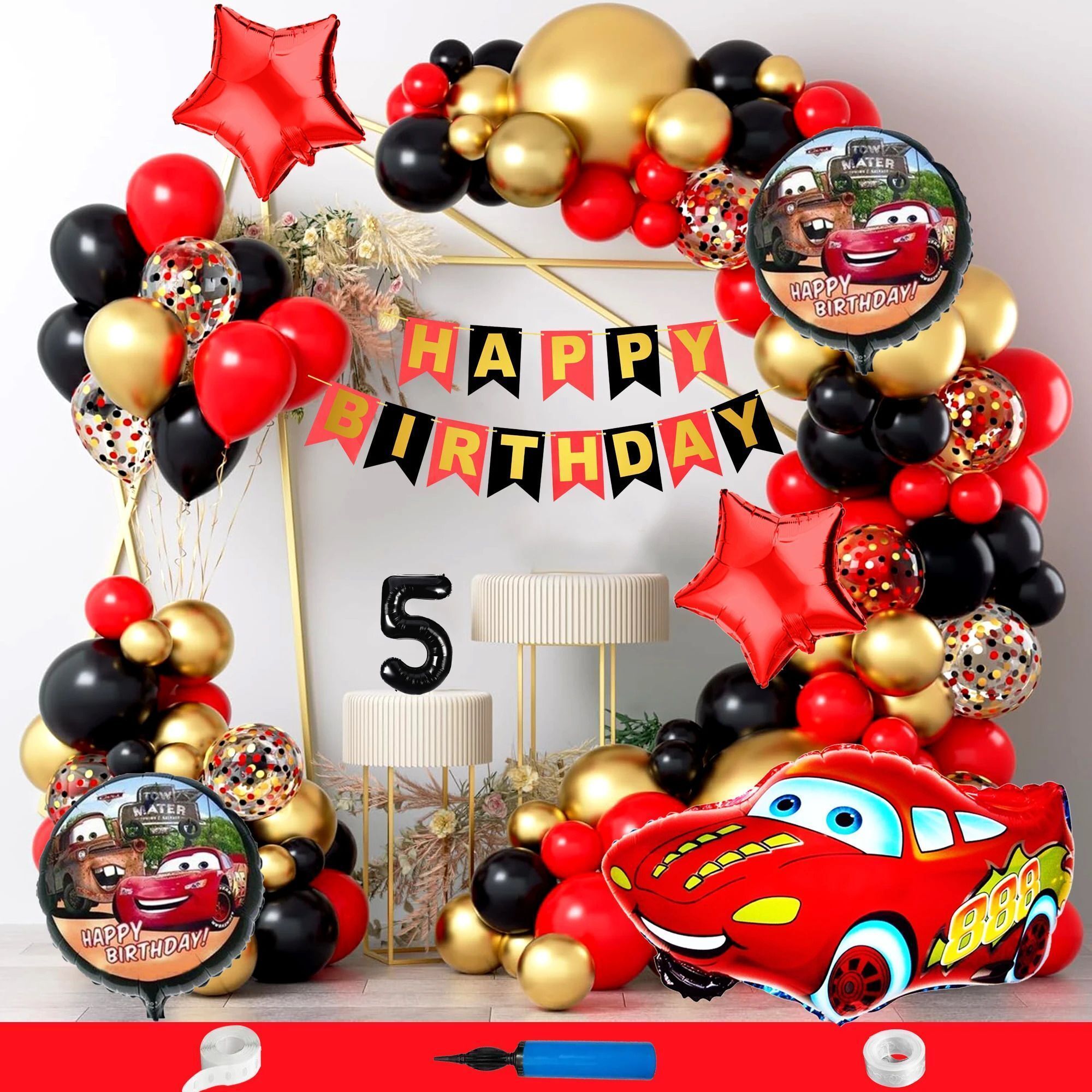 5th Happy Birthday Decoration Combo Car Theme Kit With Metallic Balloons & Arche-image-44