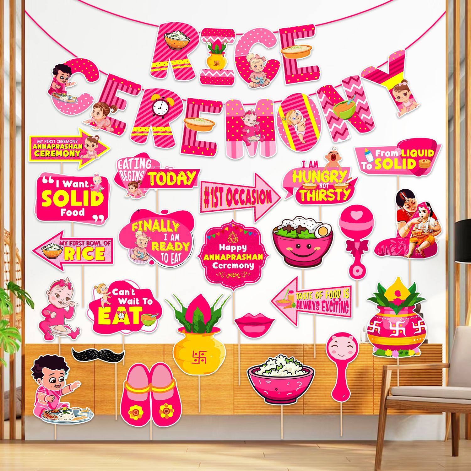 zyozi Rice Ceremony Pink Banner & PhotoBooth Props-Rice Ceremony Kit (Pack Of 24)-picture-0