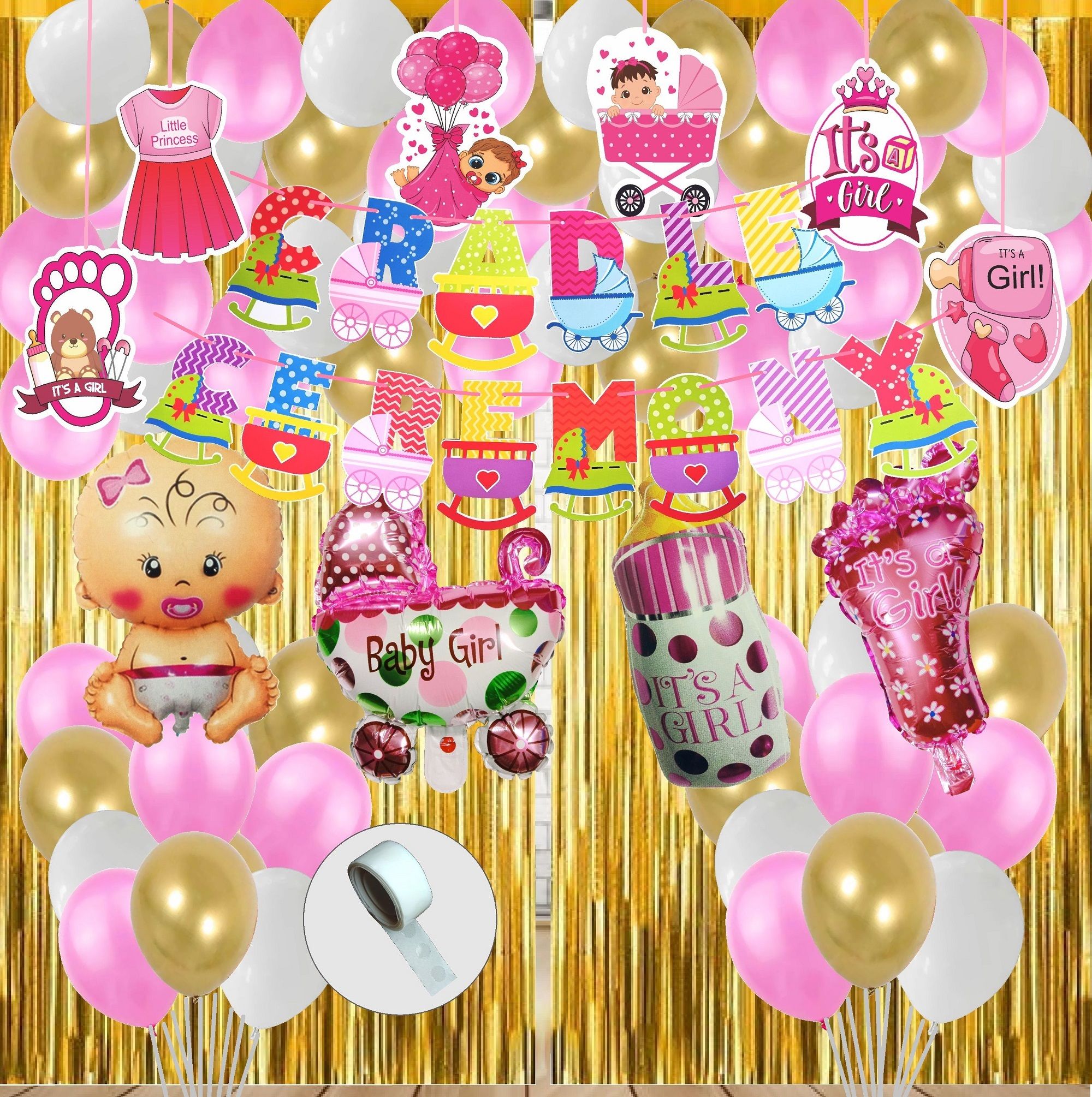 Cradle Ceremony Decoration Item For Baby Girl, Balloon, Bunting Banner, Curtain-image-19