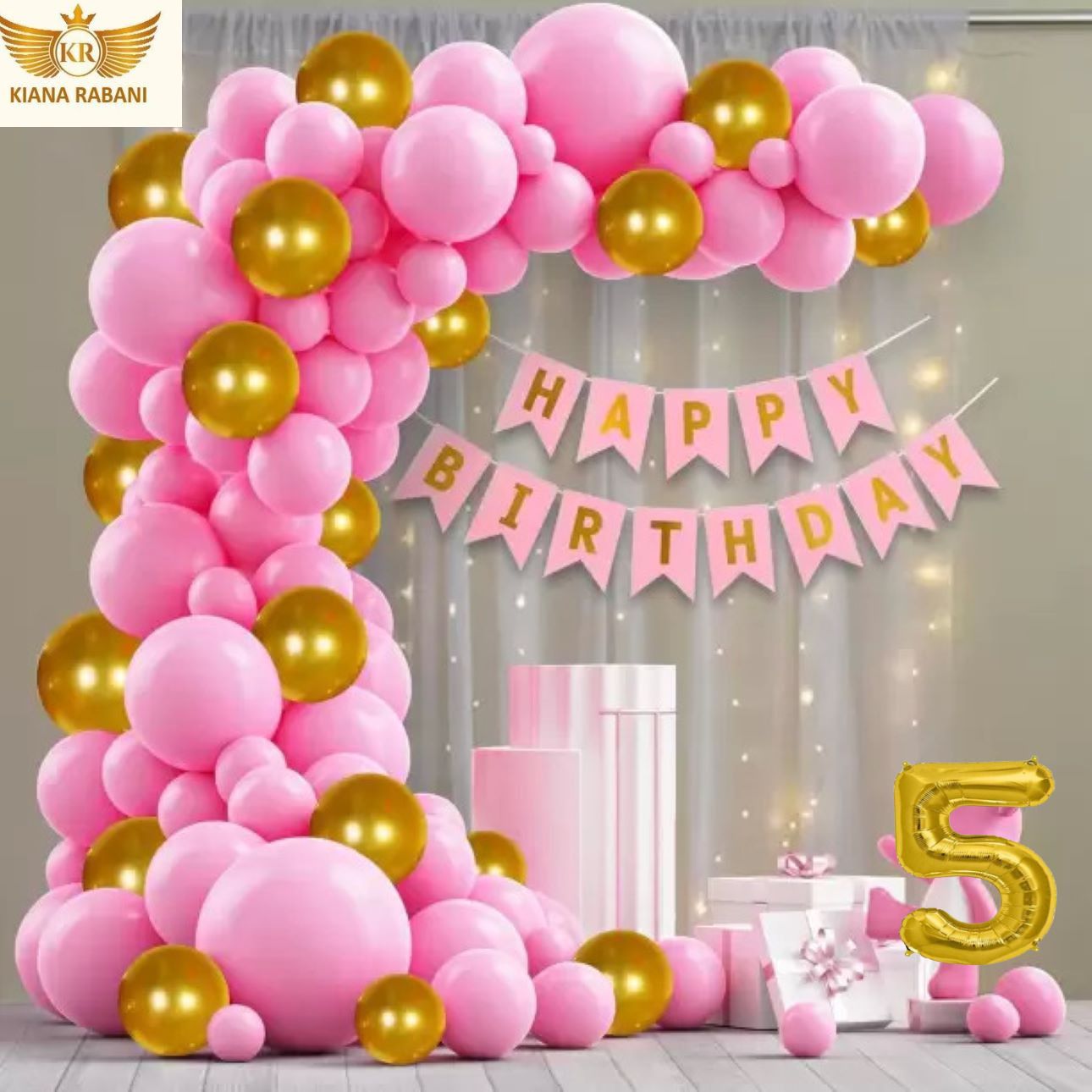 5TH BIRTHDAY DECORATION BANNER, PINK GOLD BALLOON ARCH GLUE NET CURTAIN LIGHT-image-46