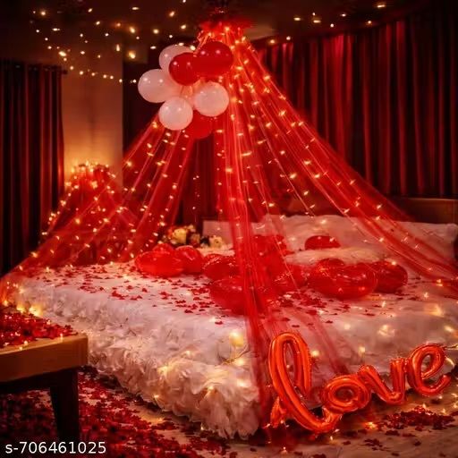 Romantic Red Net Bed Decoration Kit with LED Lights & Love Foil Balloon-image-22