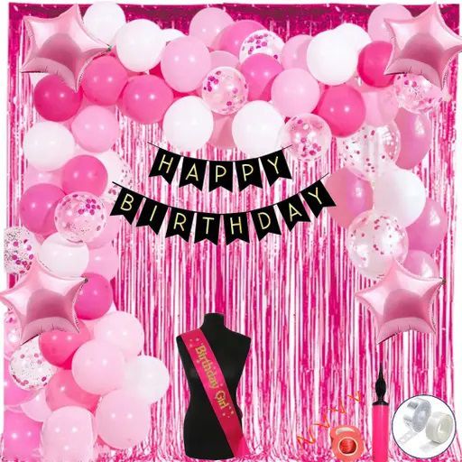 Pink Theme Birthday Decoration Kit Set Items Combo Balloons for Girls with Sash-image-24