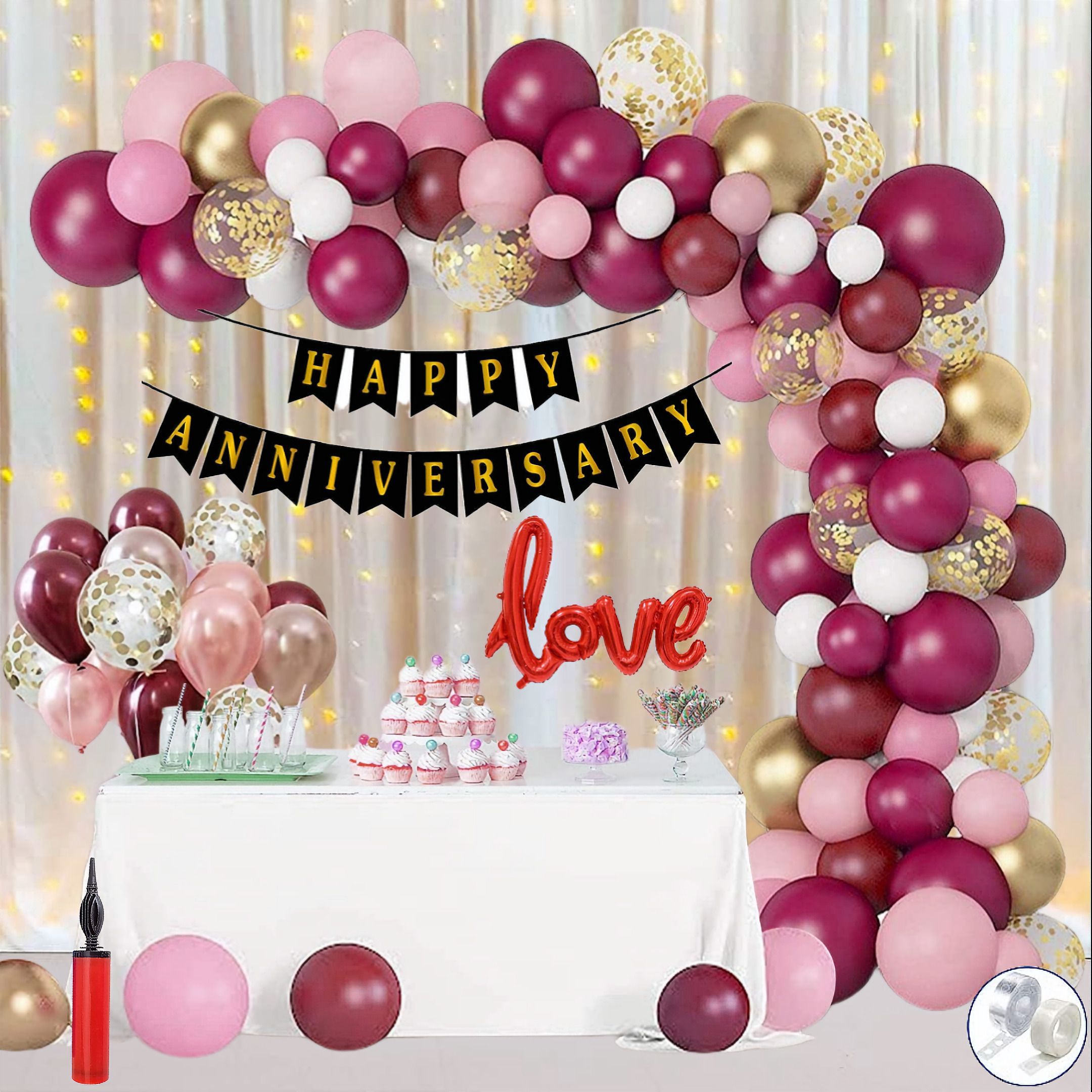Florid Anniversary Decoration Kit -Burgundy White & Pink Pastel For Celebration-image-26