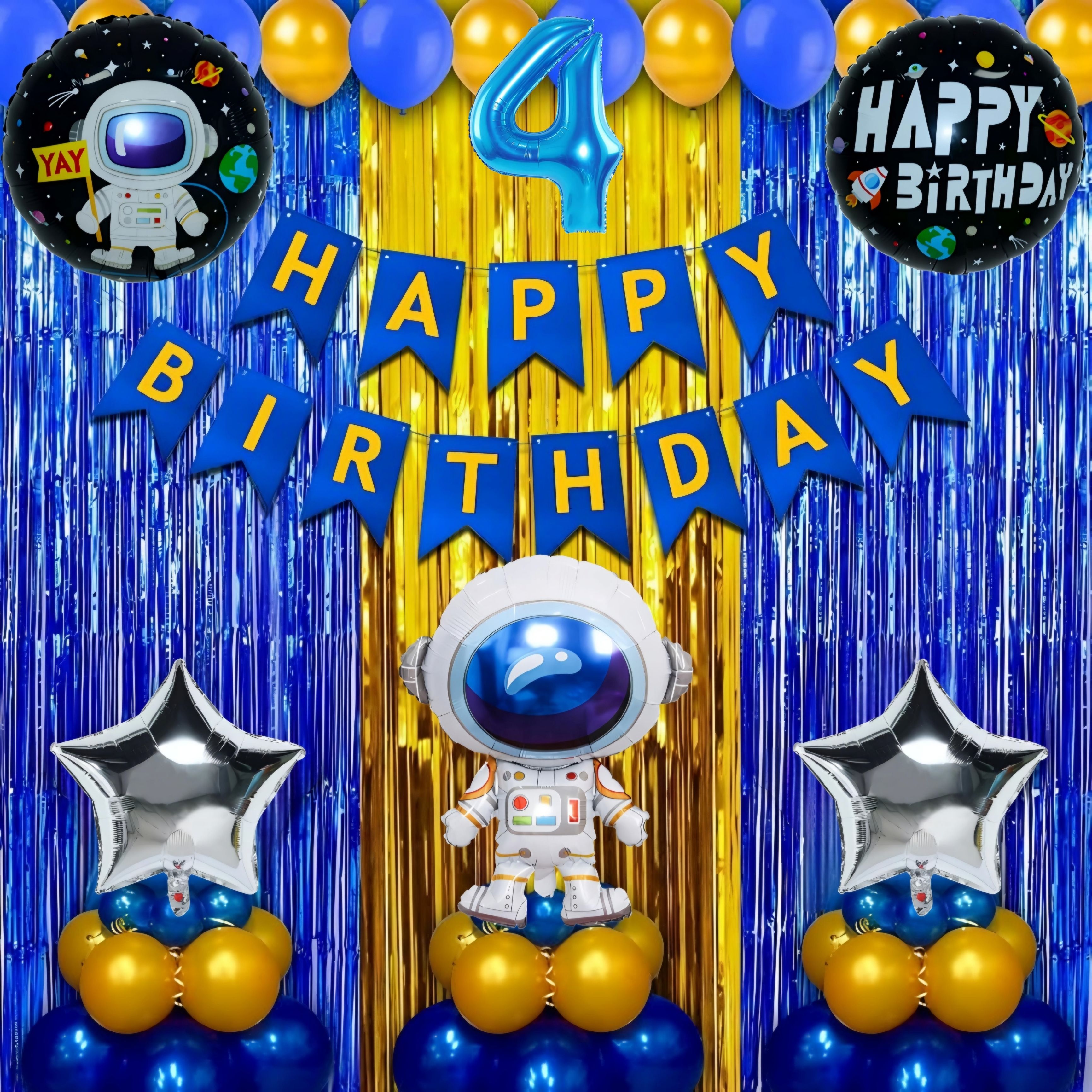 Astronaut 4th Birthday Decoration Kit - Blue and Gold Space Theme Set-image-43