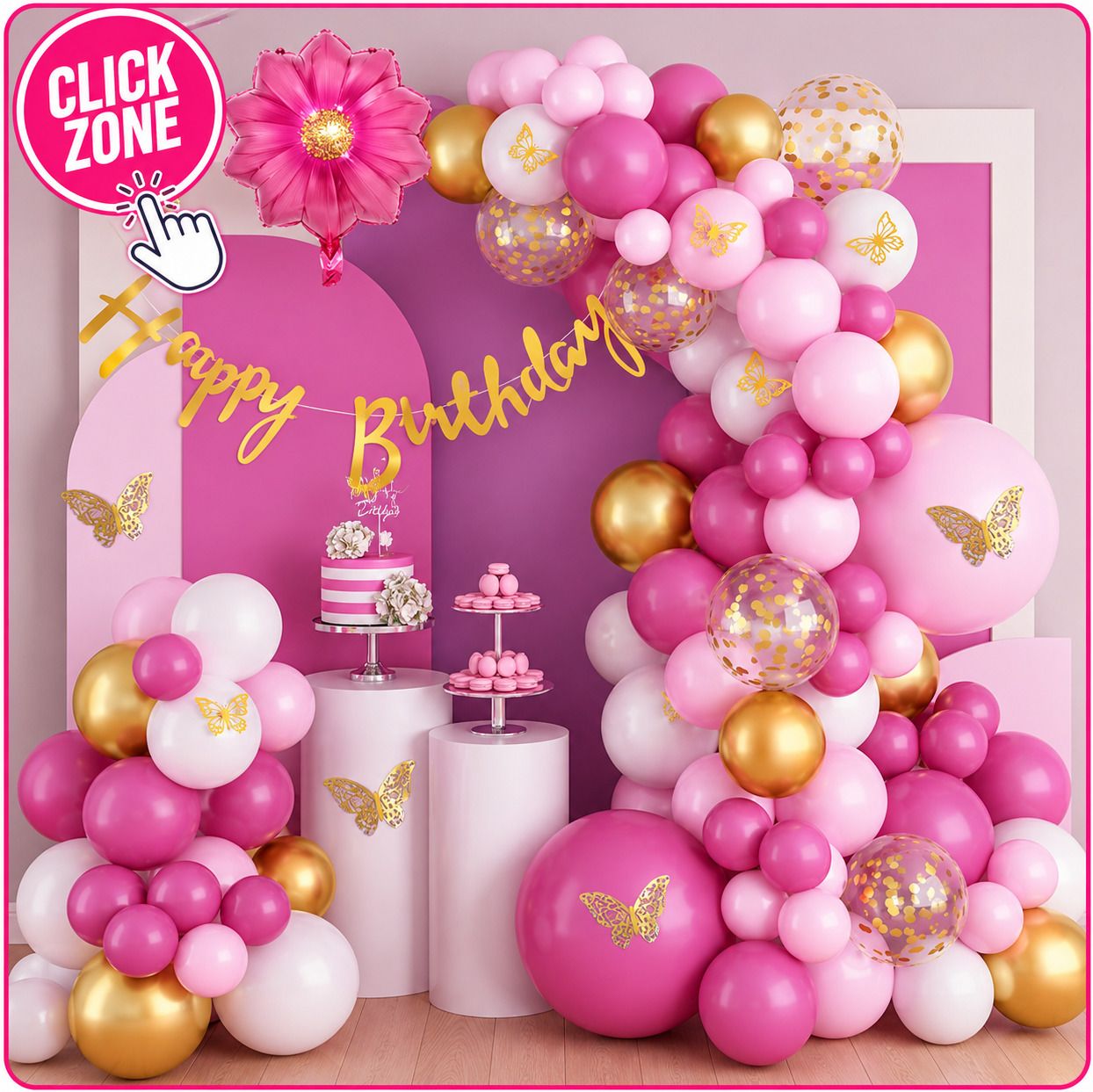 clickzone 76Pcs Pink Golden White Birthday Decoration Kit with Balloons & Butterfly-picture-45