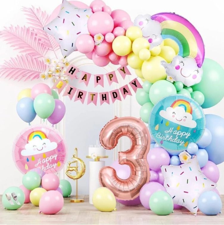 Rainbow Cloud Theme Third Birthday Pastel Balloons Decoration-image-5