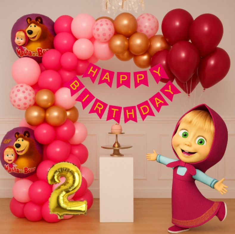 2nd Masha Bear Birthday Decoration Kit for Girls Reusable Cartoon Theme-image-2