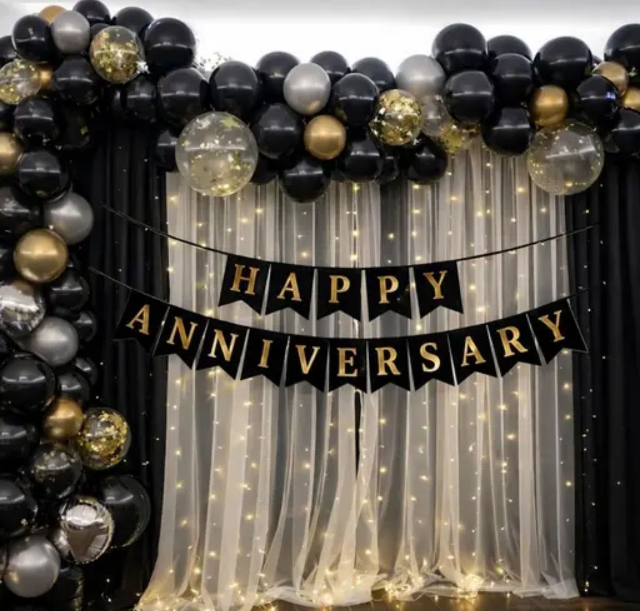 dream party decor Happy Anniversary Black Golden Silver Theme Net curtain decoration kit-picture-13