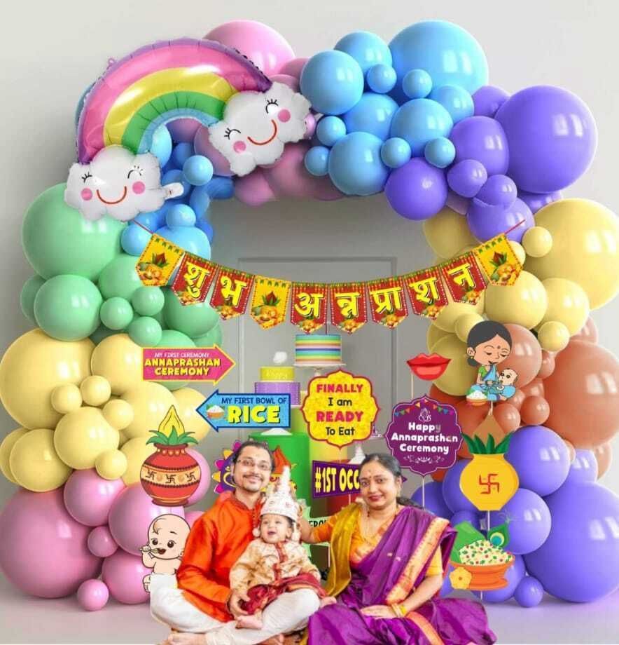 Annaprashan Rainbow Theme Decoration Set with Pastel Balloon & Pump arch glue-image-14