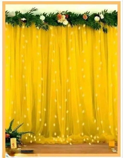 Solid Yellow net Curtain Cloth Backdrop Combo with Green Leaves for Wall Decorations Balloon-image-48