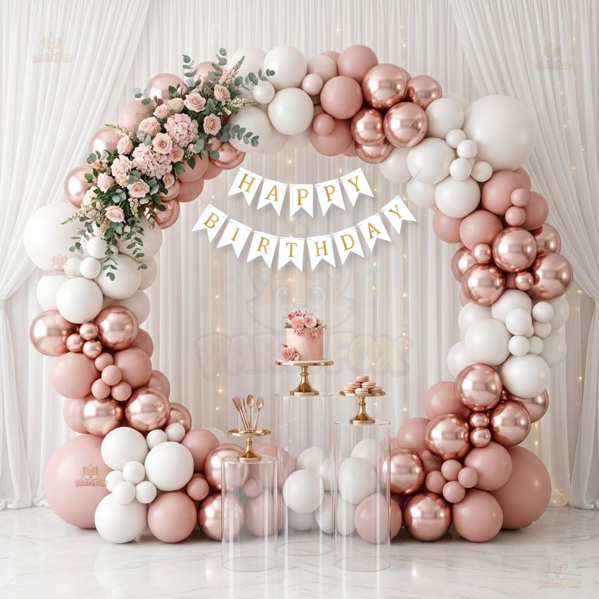 partyfox Aesthetic Birthday Decoration Kit for Girls Rose Gold Backdrop with Lights-picture-44