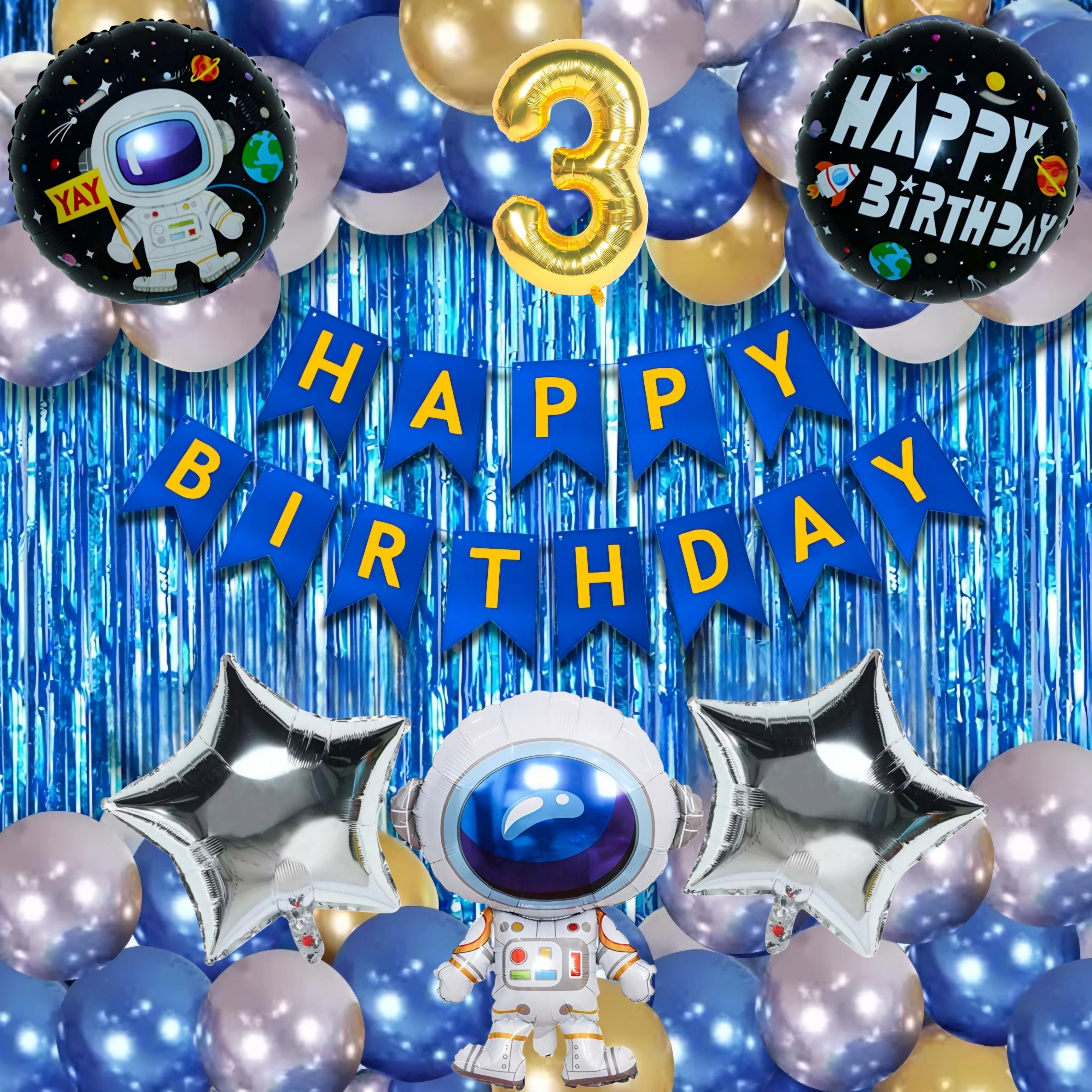 Astronaut Space Theme 3rd Birthday Decoration Kit for Boys - Blue & Gold-image-5