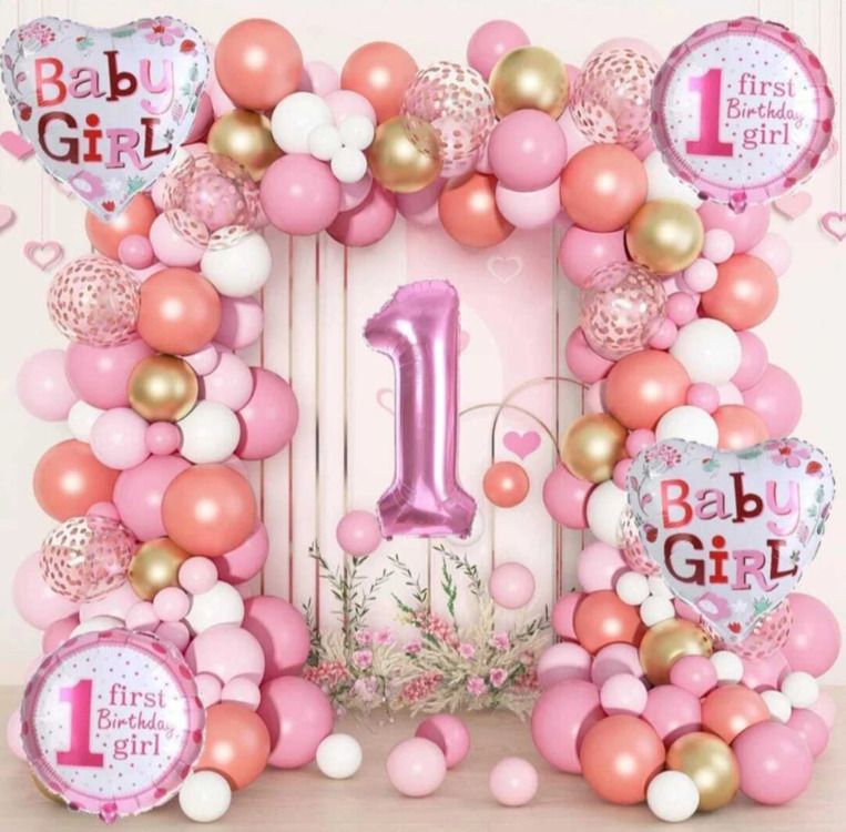Baby Girl 1st Birthday Decoration with Balloon Arch and Foil Balloon-image-24