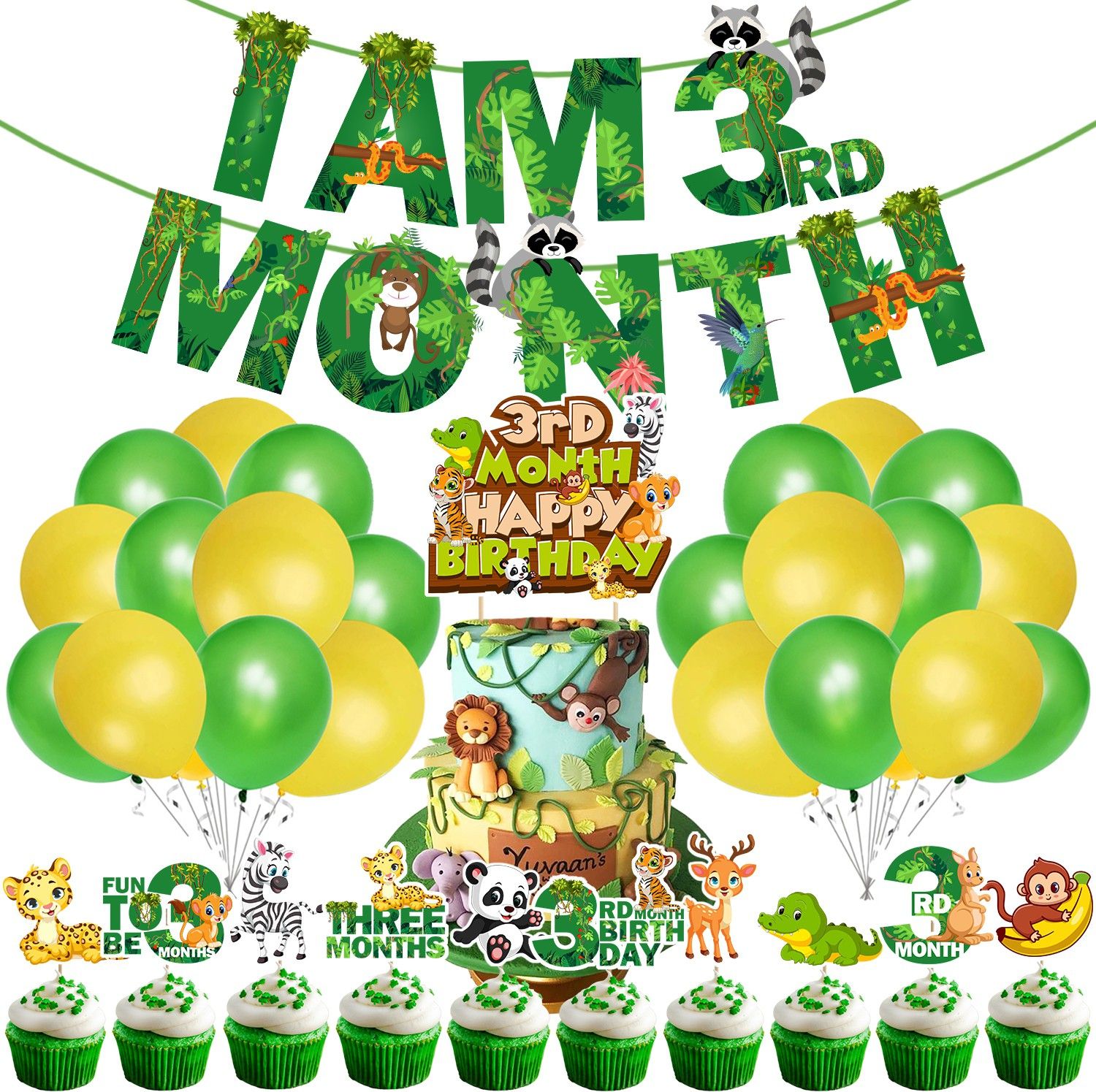 zyozi Jungle Theme 3th Month Birthday Decoration for Baby Kids Birthday (Pack of 37)-picture-20