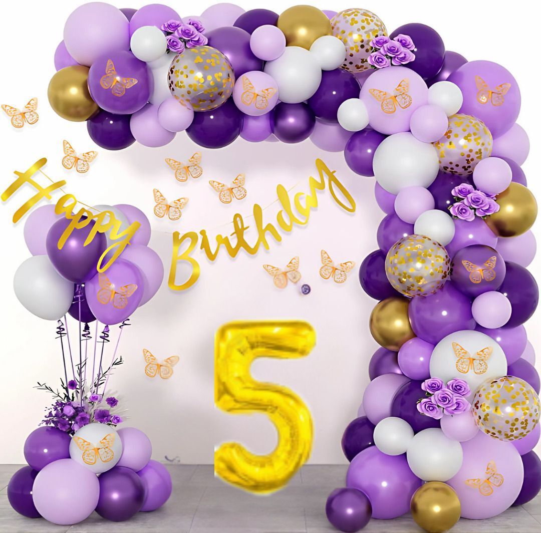 97pcs 5Year Happy Birthday Decoration Kit Purple Golden Chrome Balloons-image-8