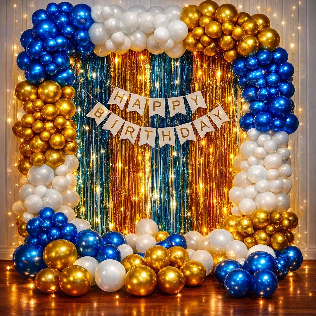 Blue Gold White Birthday Decoration Combo with LED ,Curtains-image-44